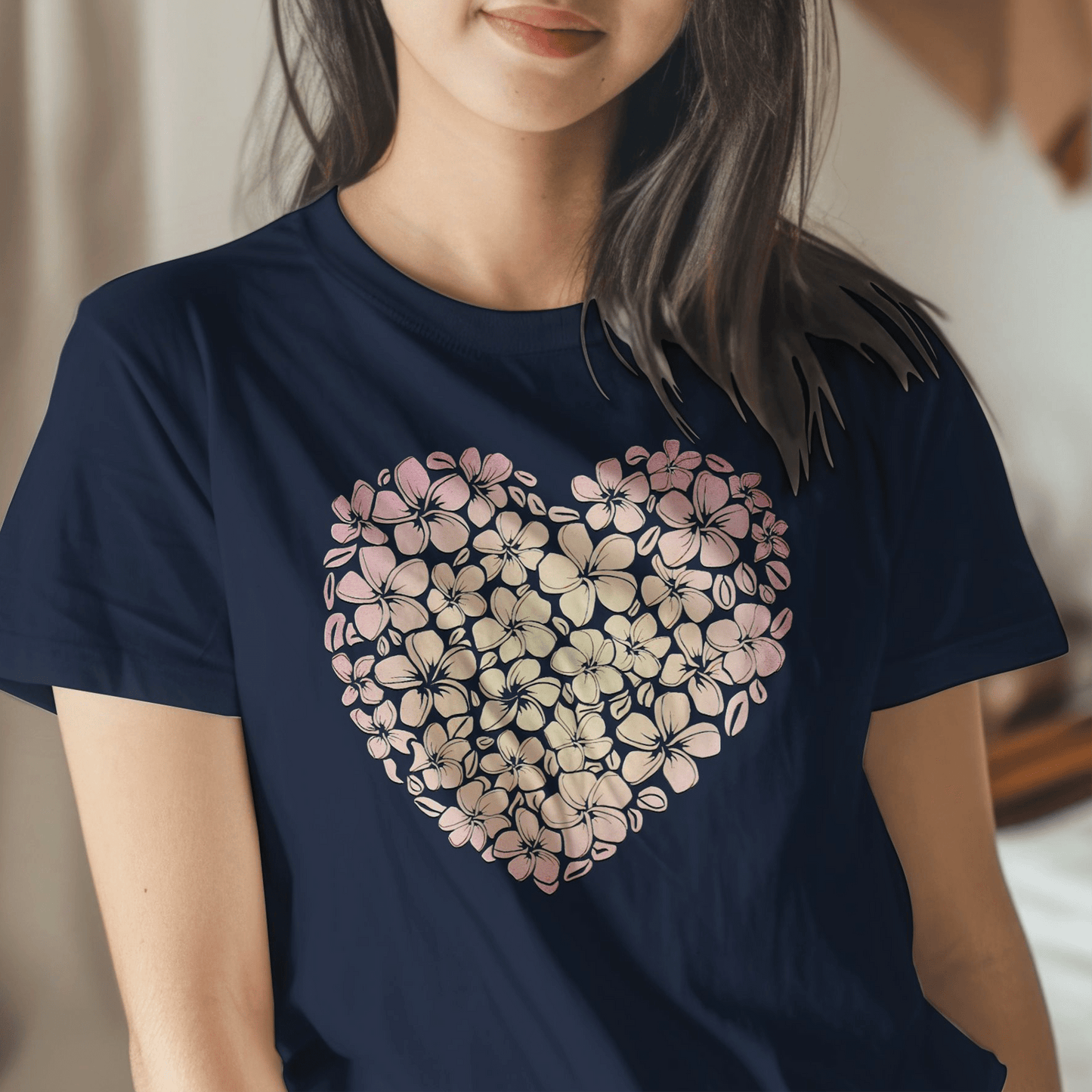 Hawaiian Plumeria Heart T-Shirt Navy / S