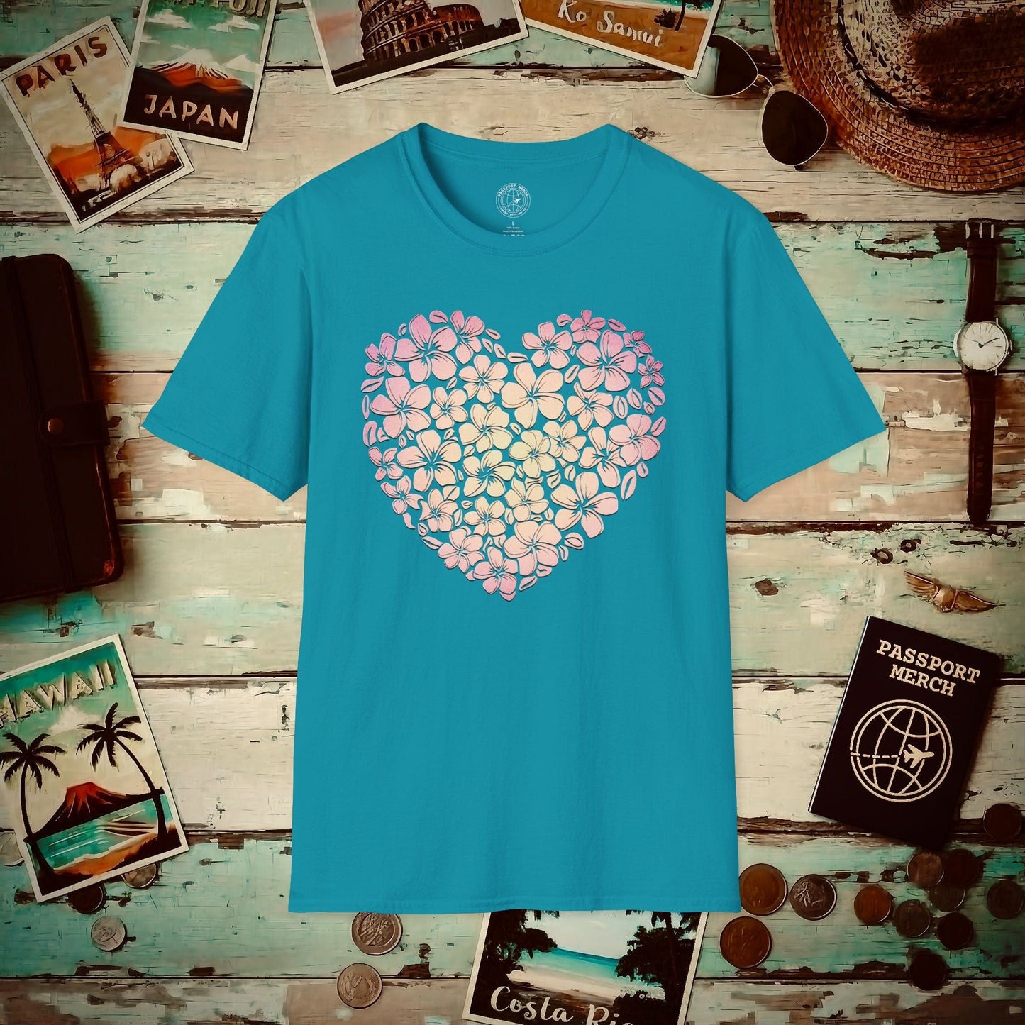 Hawaiian Plumeria Heart T-Shirt Tropical Blue / S