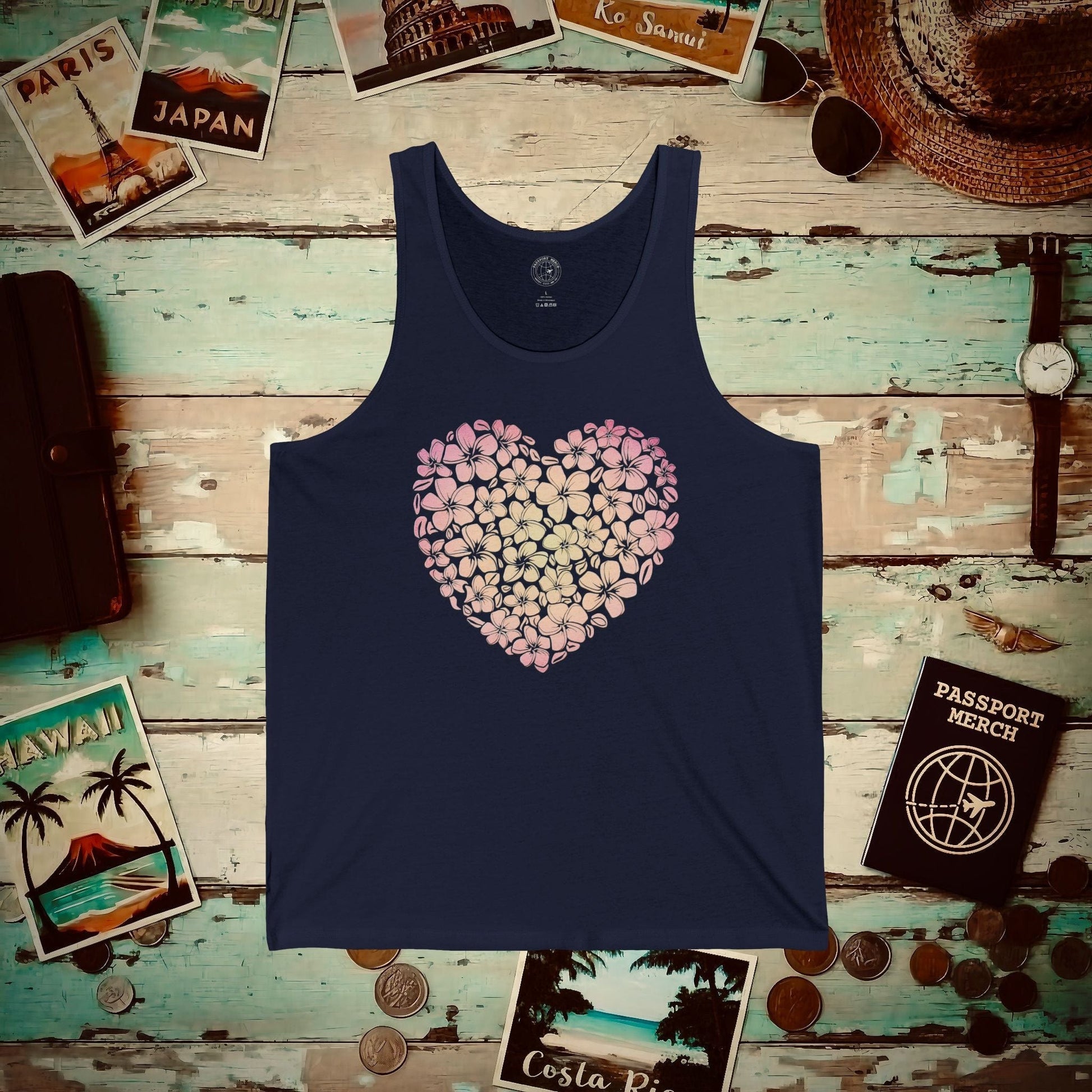 Hawaiian Plumeria Heart Tank Top Navy / XS