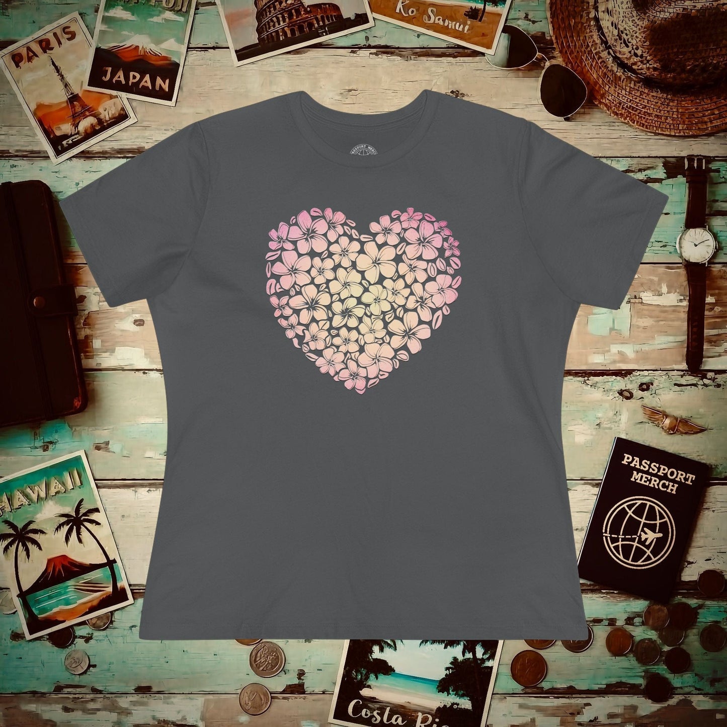 Hawaiian Plumeria Heart, Womens Fit T-Shirt Asphalt / S