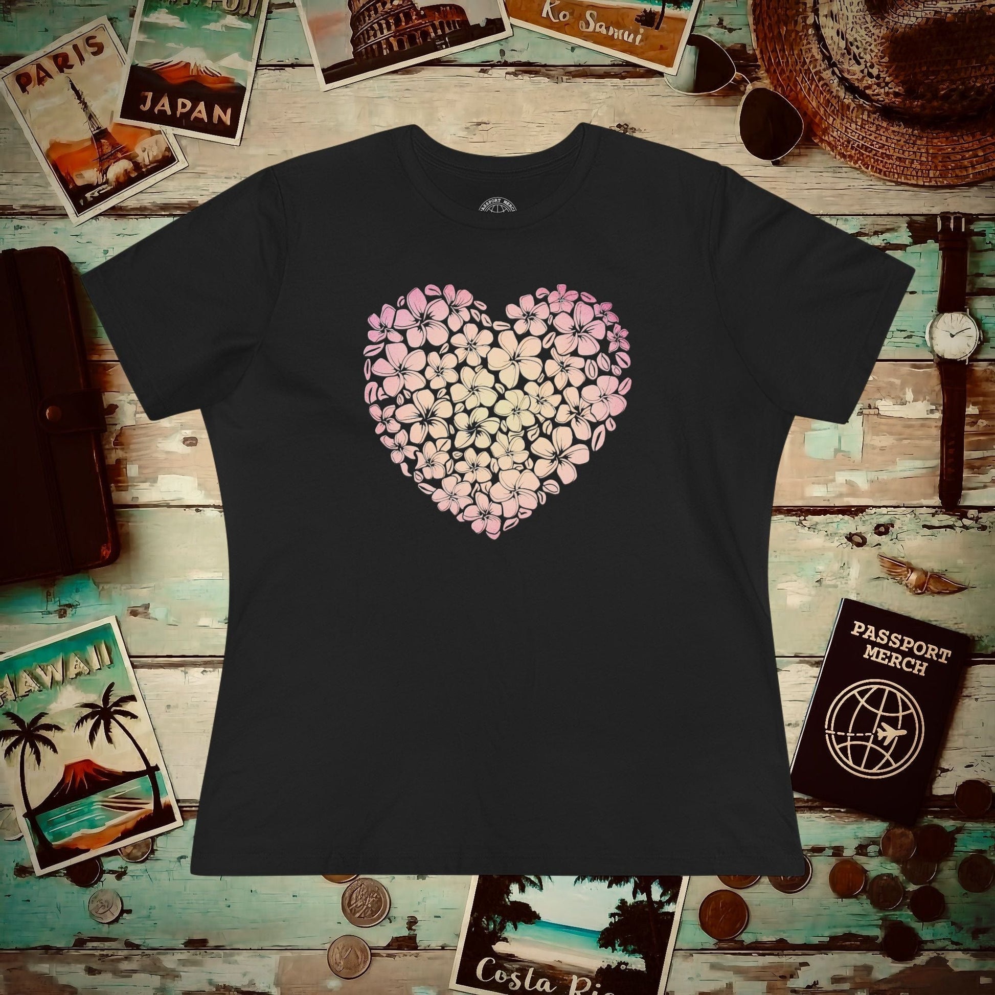 Hawaiian Plumeria Heart, Womens Fit T-Shirt Black / S