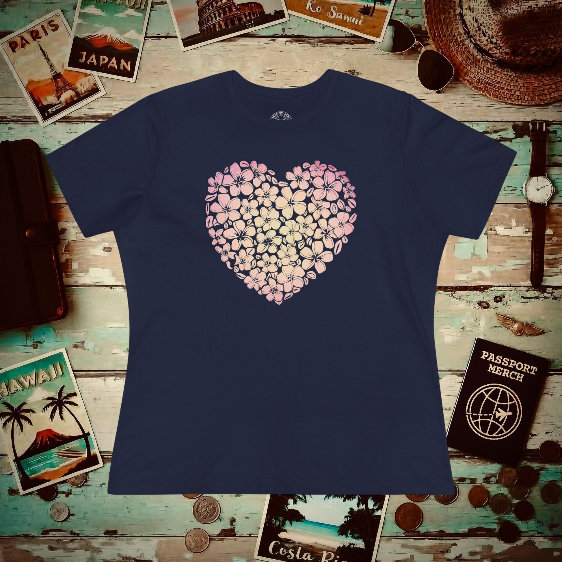 Hawaiian Plumeria Heart, Womens Fit T-Shirt Navy / S