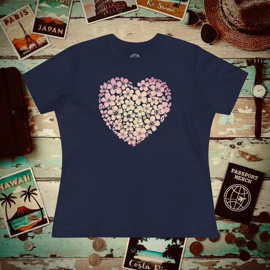 Hawaiian Plumeria Heart, Womens Fit T-Shirt Navy / S