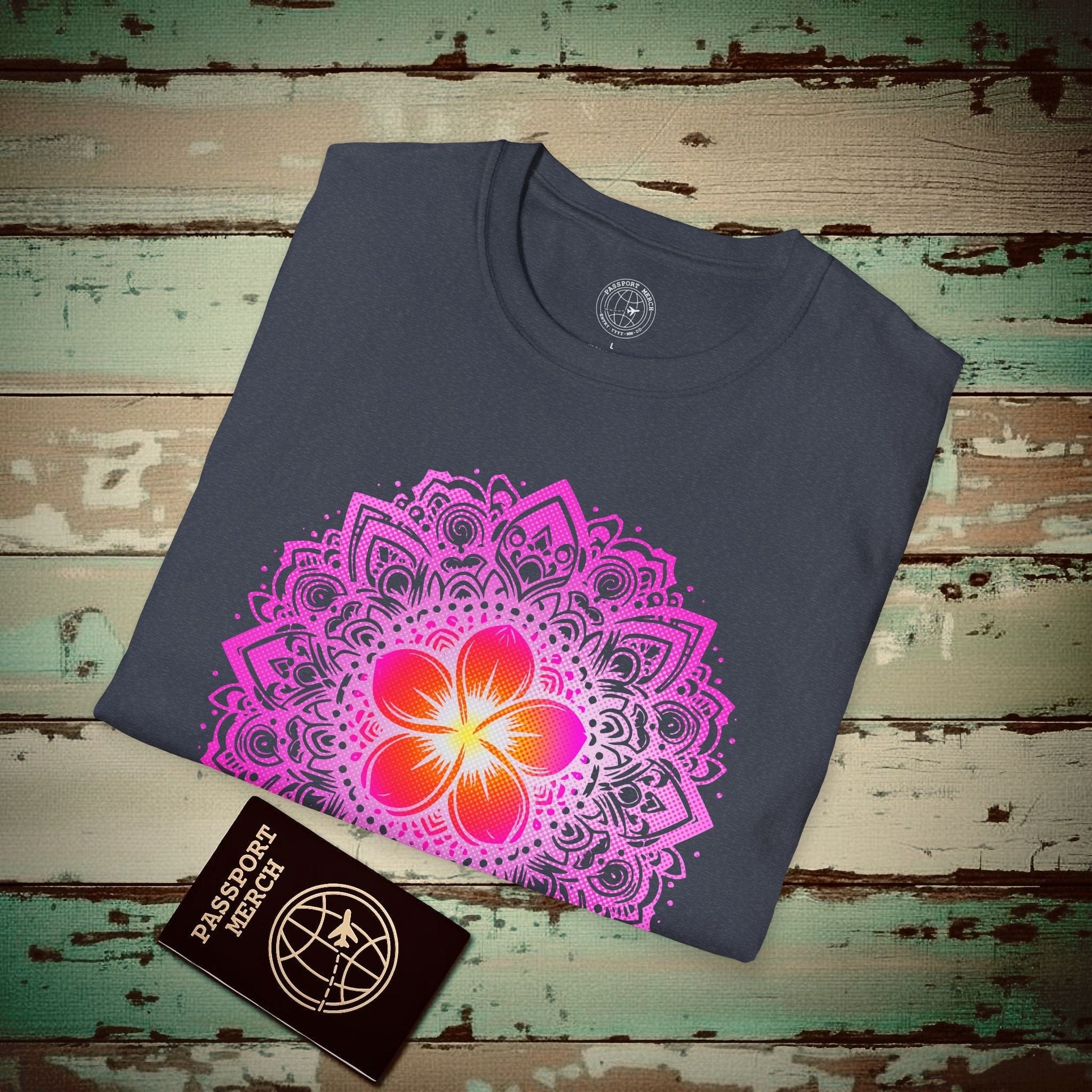 Hawaiian Plumeria Mandala T-Shirt Heather Navy / S