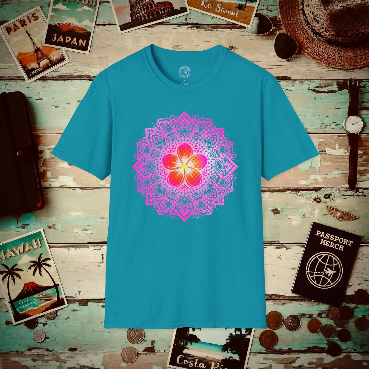 Hawaiian Plumeria Mandala T-Shirt Tropical Blue / S