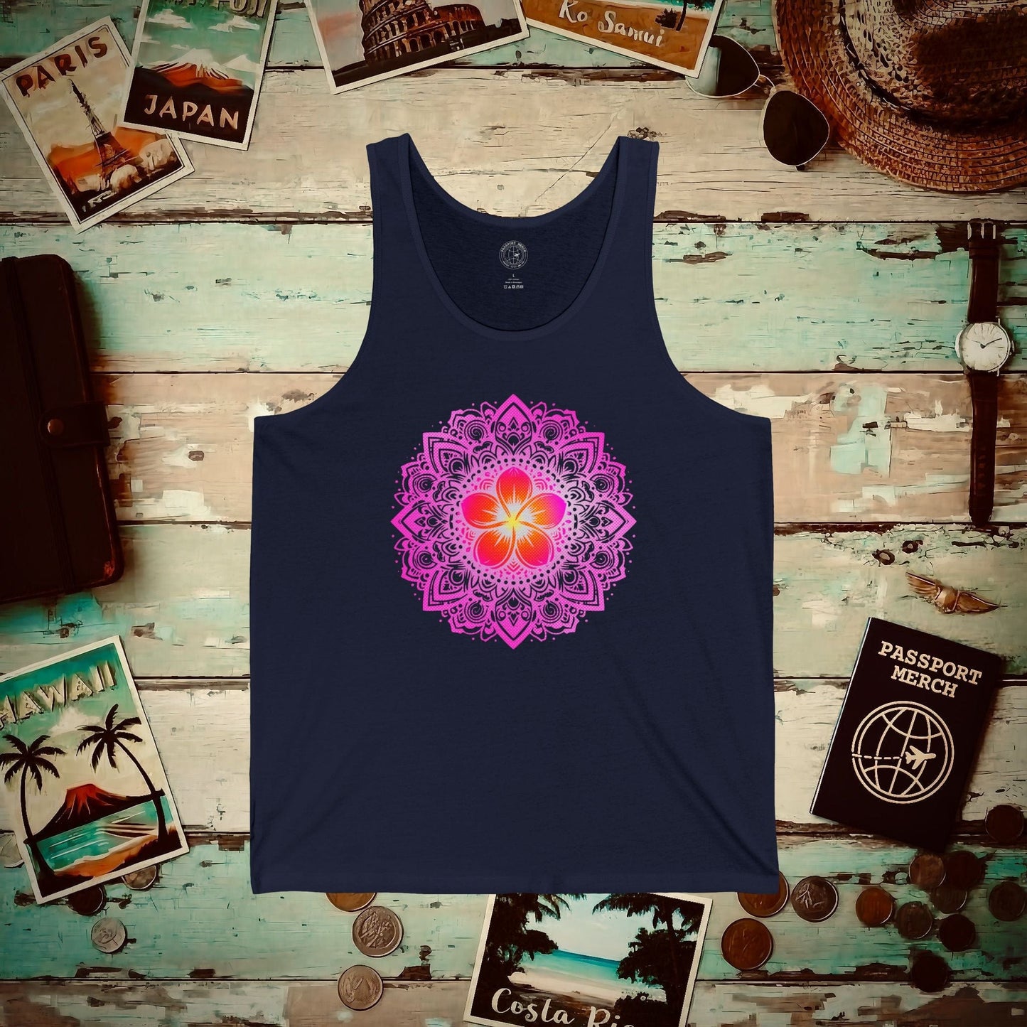 Hawaiian Plumeria Mandala Tank Top Navy / XS