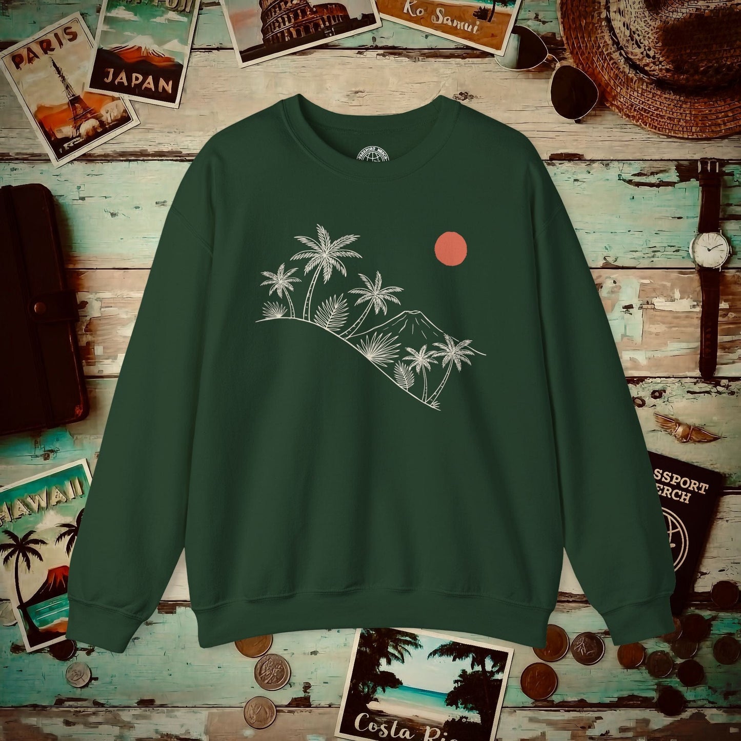 Hawaiian Sunrise Line Art, Hawaii Crewneck Forest Green / S