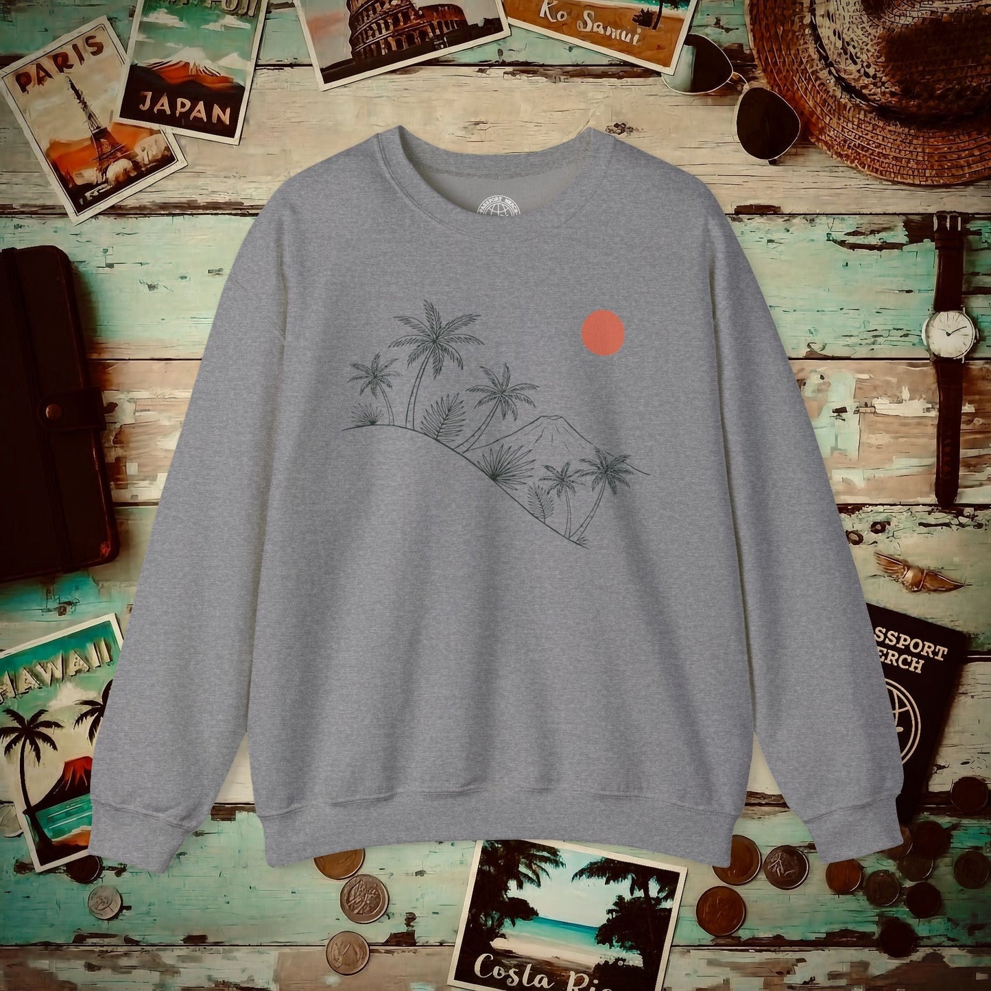Hawaiian Sunrise Line Art, Hawaii Crewneck Graphite Heather / S