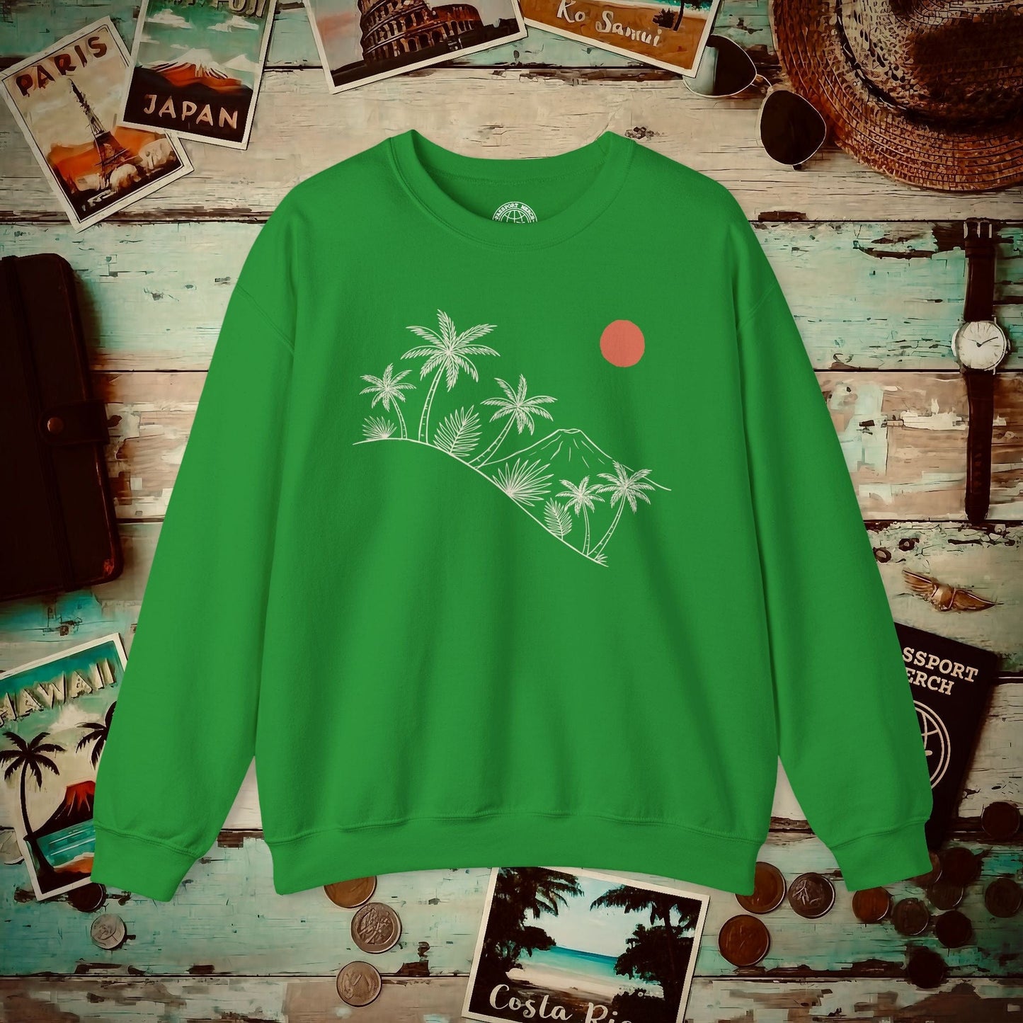 Hawaiian Sunrise Line Art, Hawaii Crewneck Irish Green / S