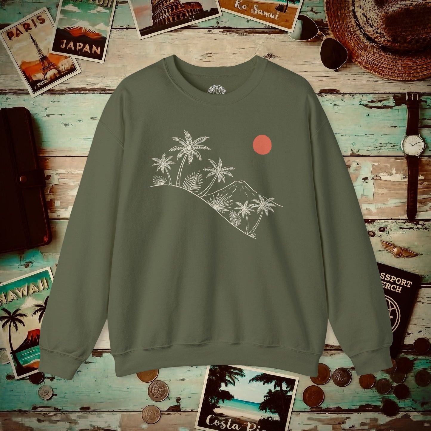 Hawaiian Sunrise Line Art, Hawaii Crewneck Military Green / S