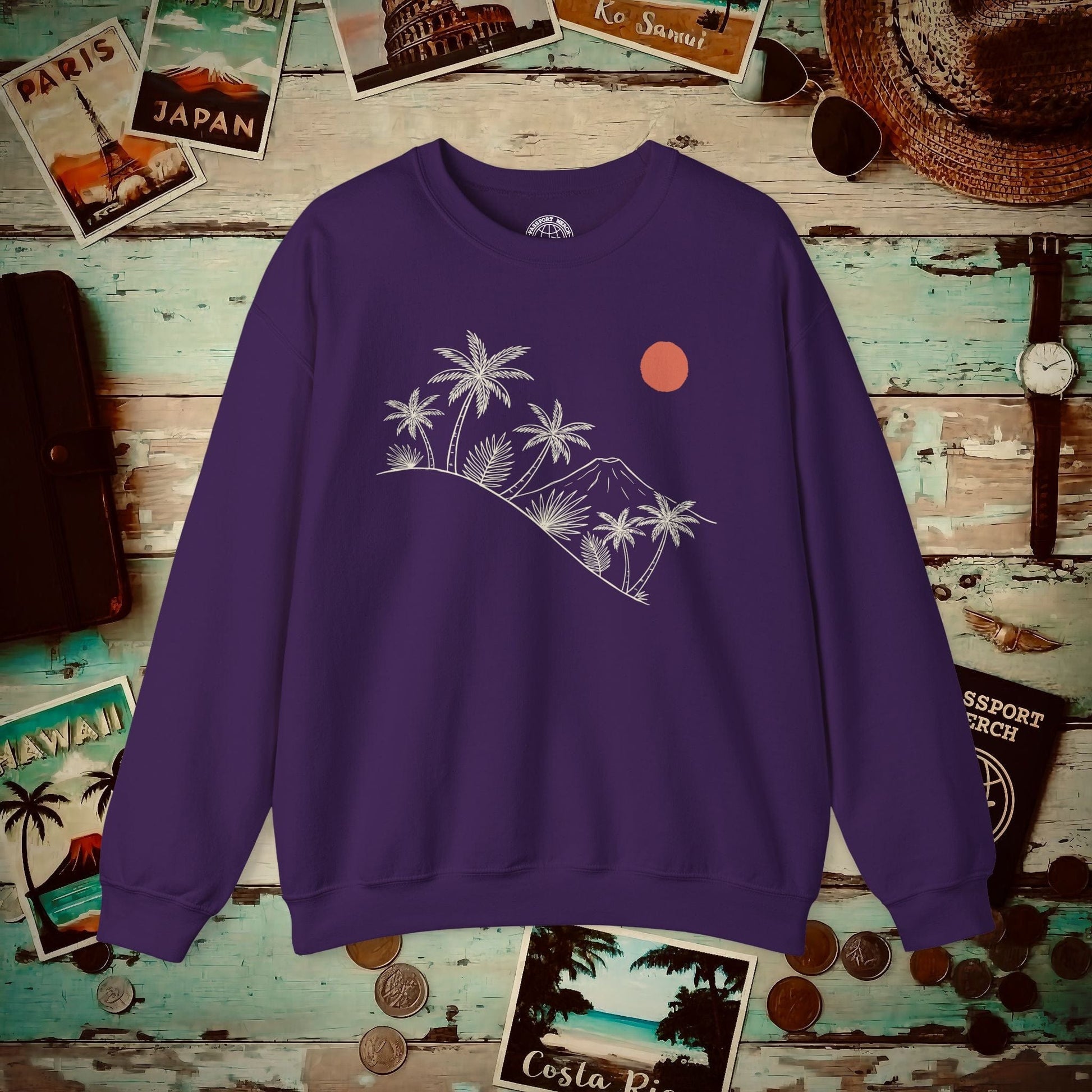 Hawaiian Sunrise Line Art, Hawaii Crewneck Purple / S