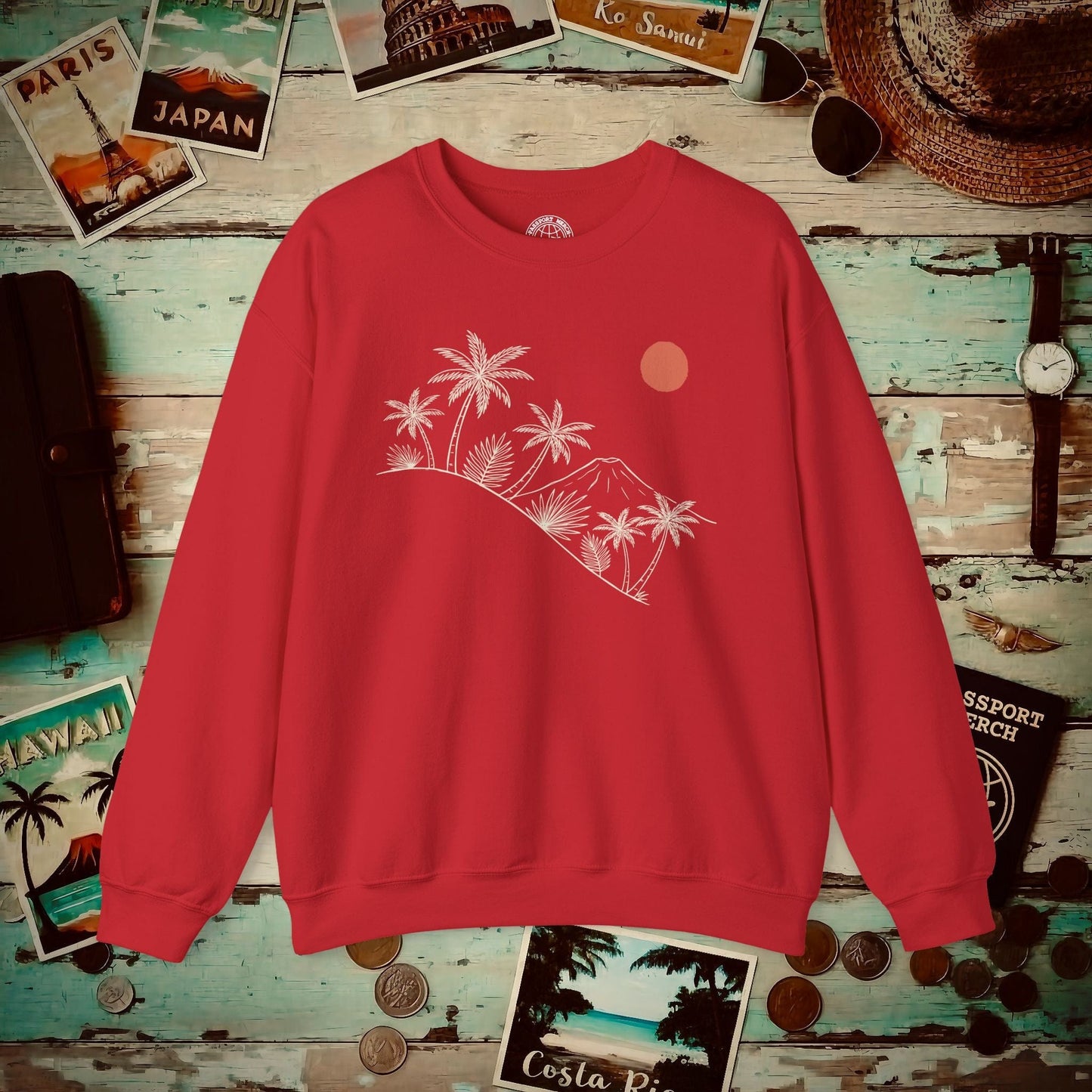 Hawaiian Sunrise Line Art, Hawaii Crewneck Red / S
