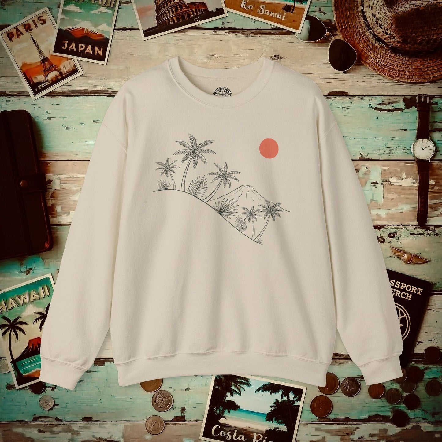 Hawaiian Sunrise Line Art, Hawaii Crewneck Sand / S