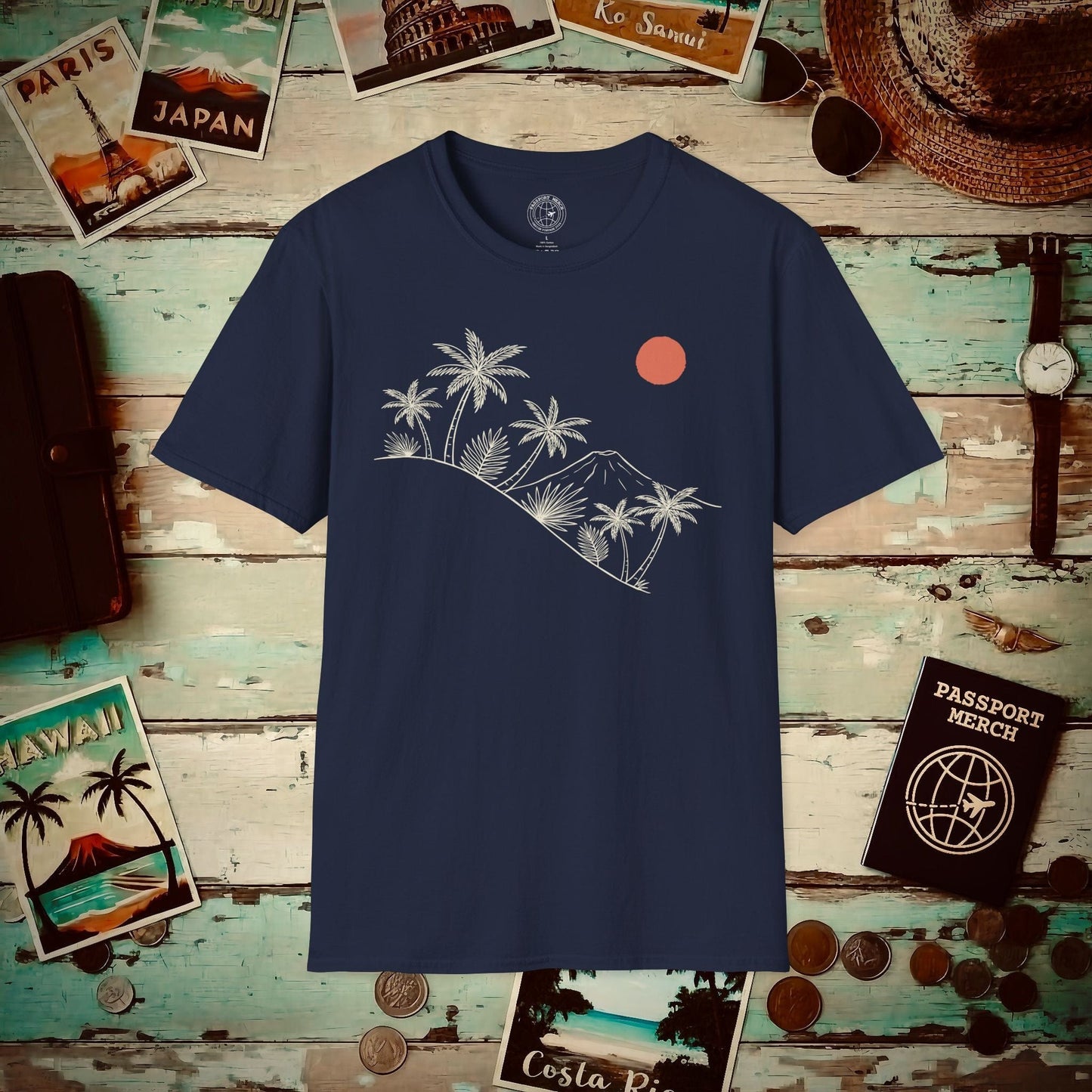 Hawaiian Sunrise Line Art T-Shirt Navy / S