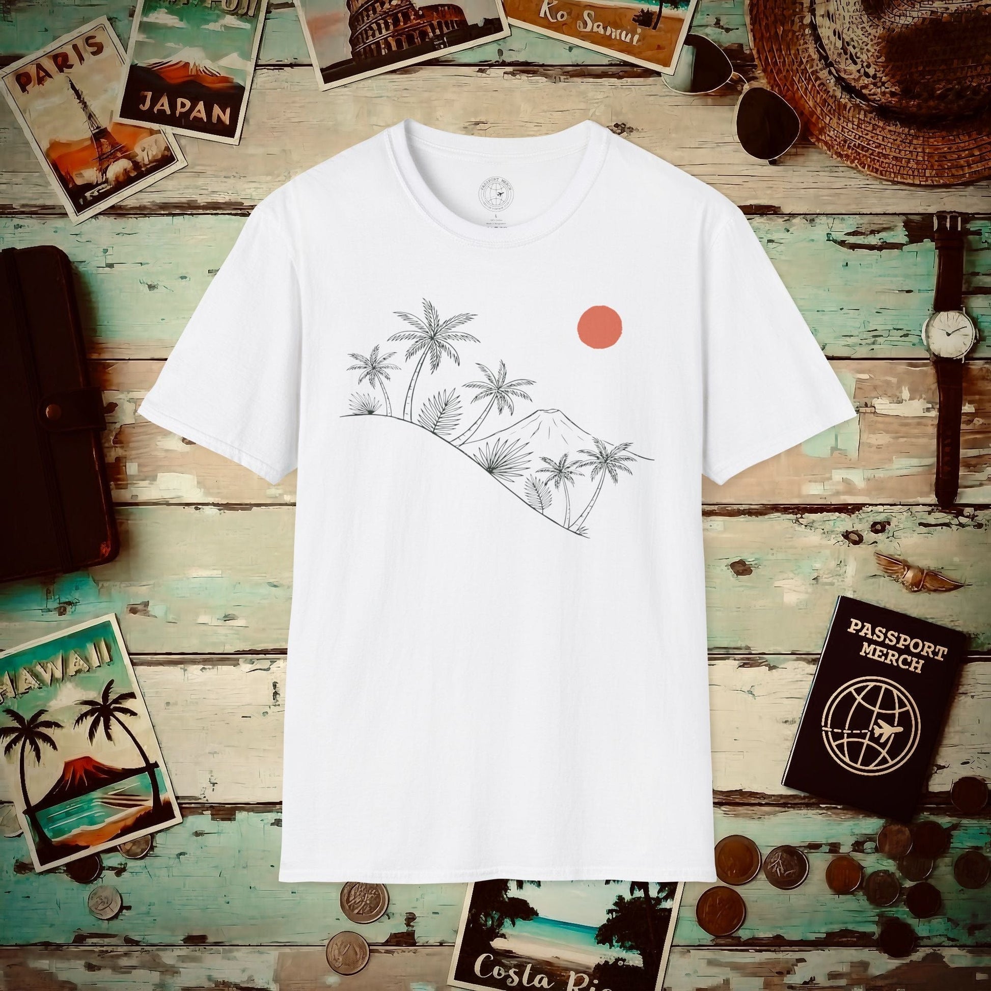 Hawaiian Sunrise Line Art T-Shirt White / S