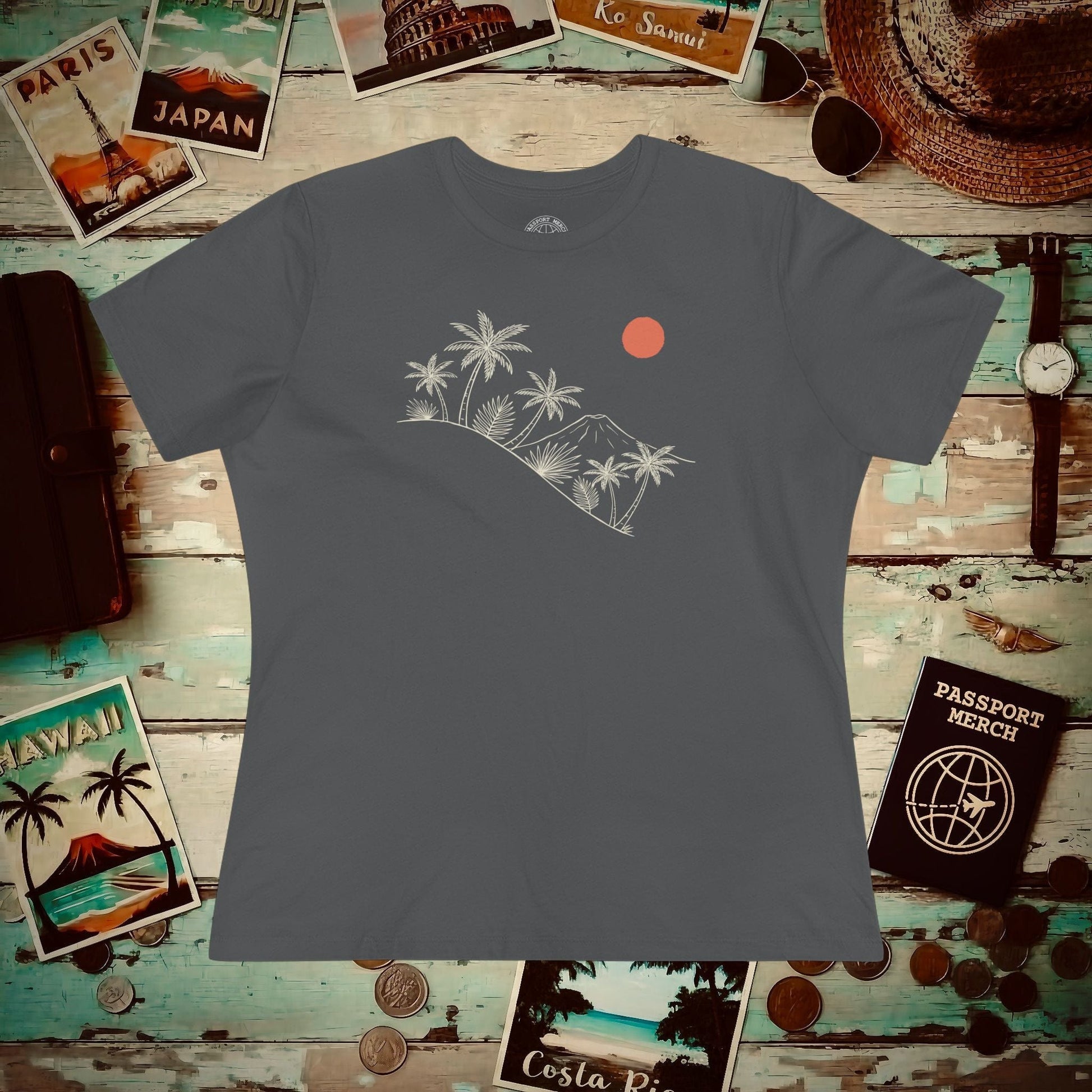 Hawaiian Sunrise Line Art, Womens Fit T-Shirt Asphalt / S