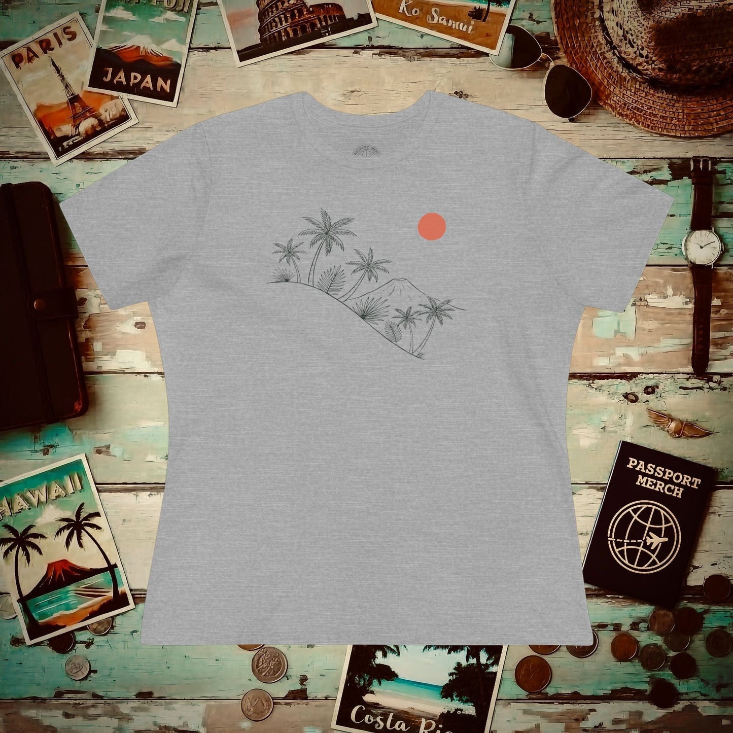 Hawaiian Sunrise Line Art, Womens Fit T-Shirt Athletic Heather / S