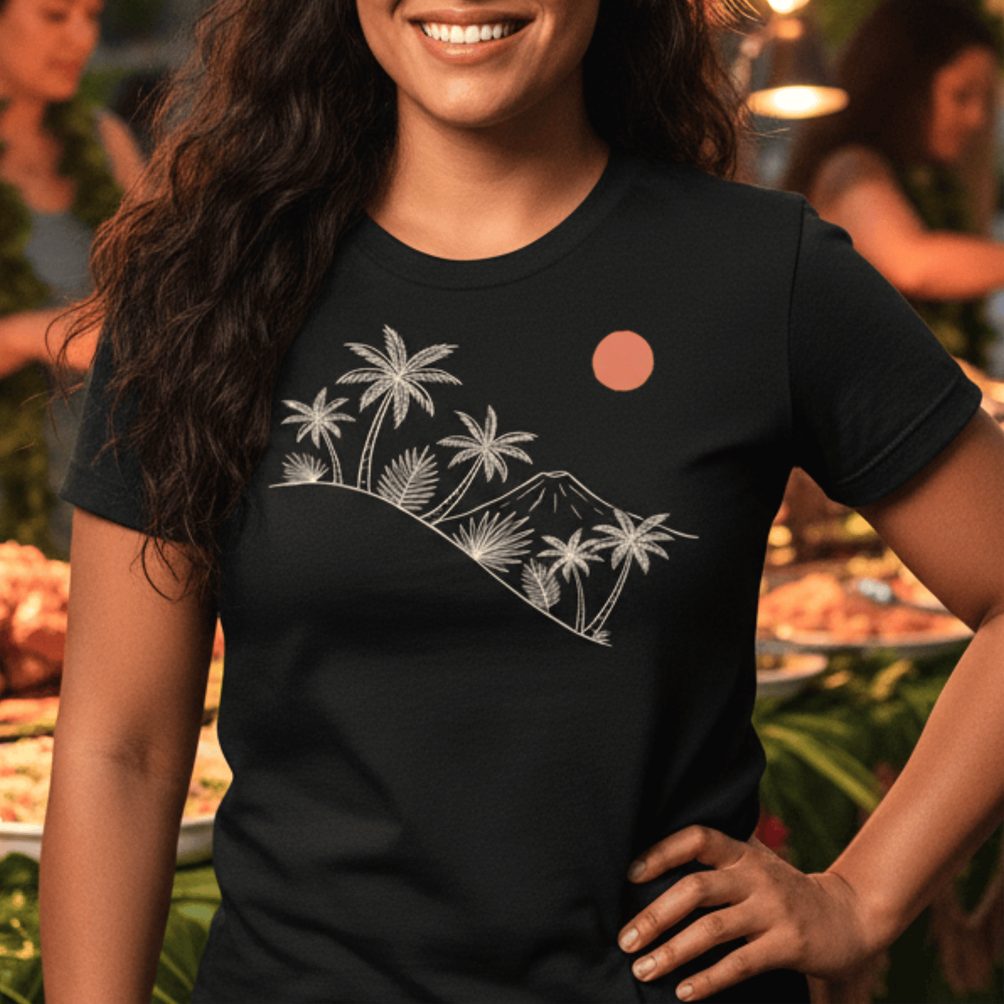 Hawaiian Sunrise Line Art, Womens Fit T-Shirt Black / S