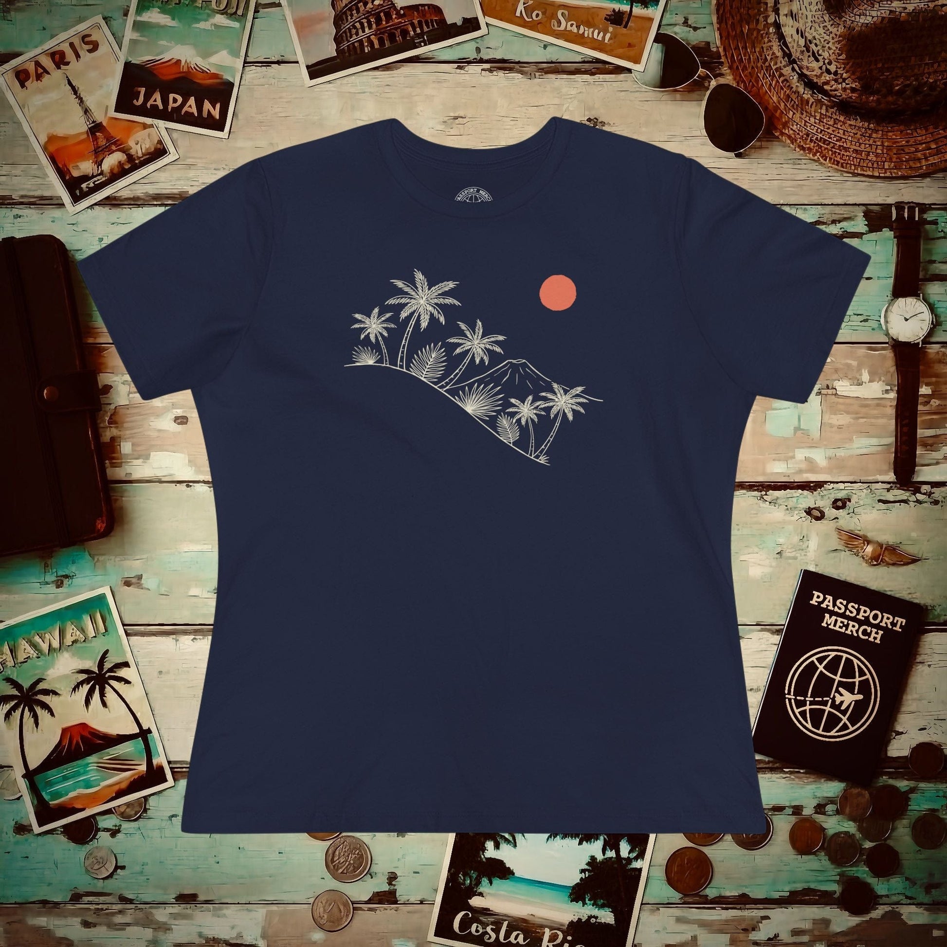 Hawaiian Sunrise Line Art, Womens Fit T-Shirt Navy / S