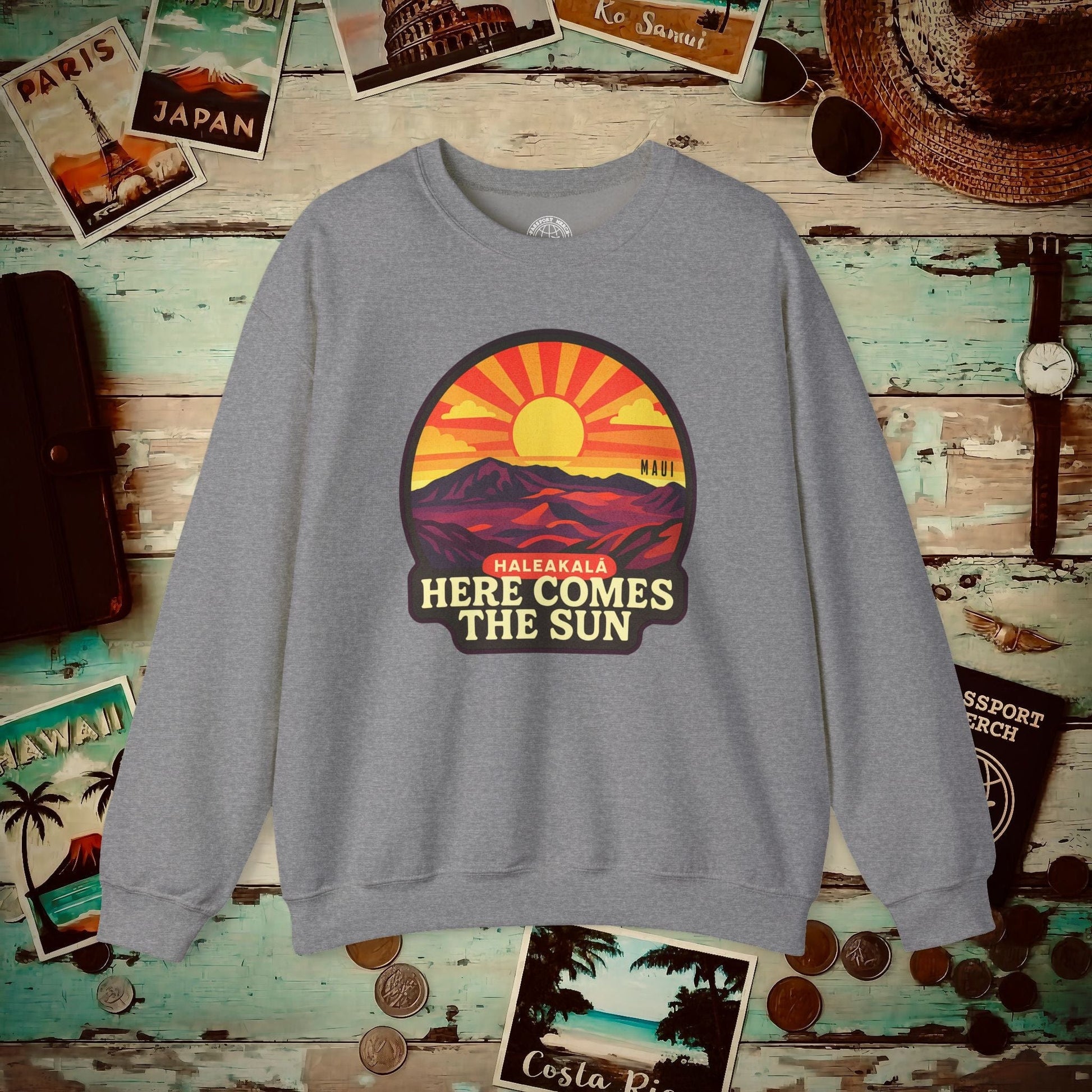 Here Comes the Sun, Haleakala, Maui, Hawaii Crewneck Graphite Heather / S