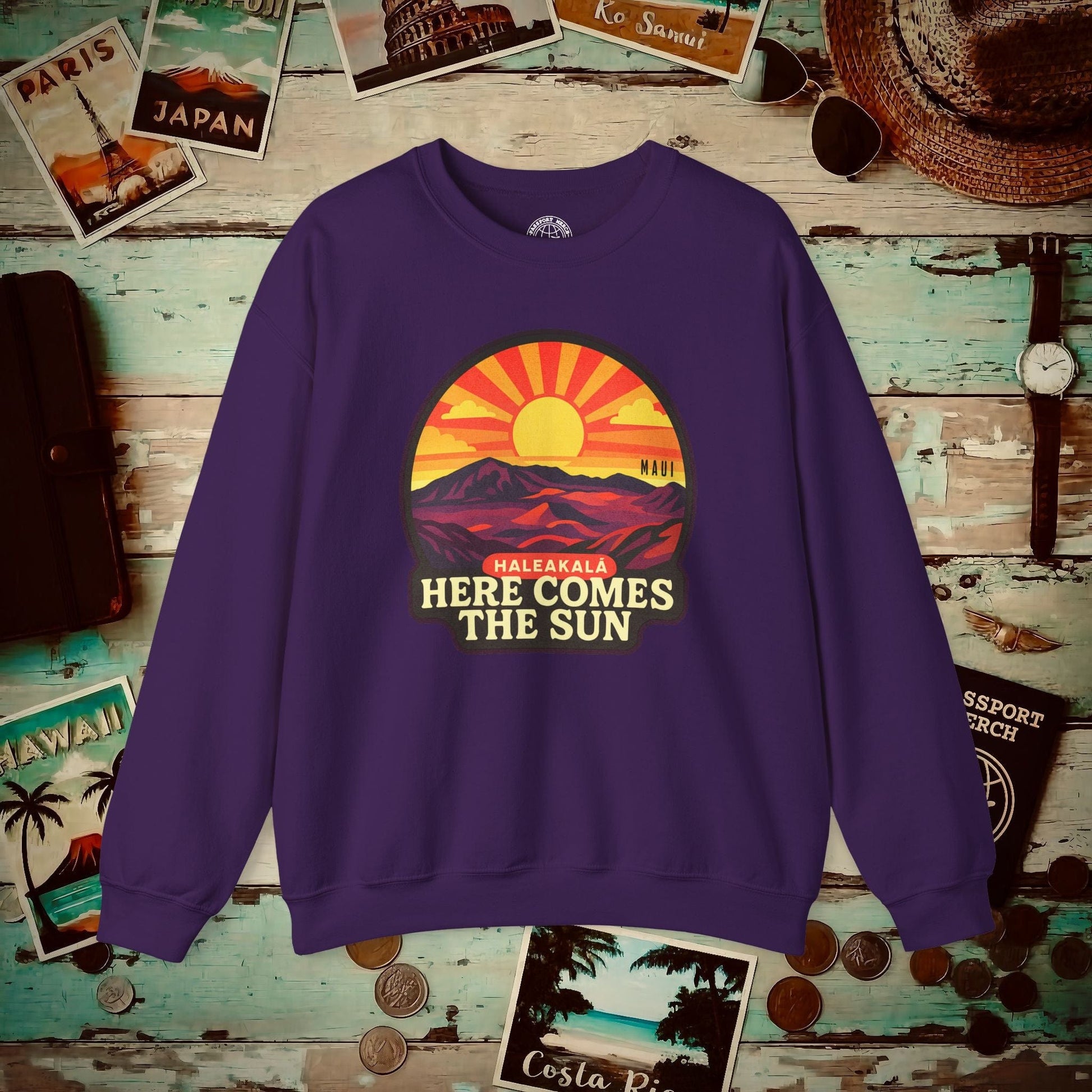 Here Comes the Sun, Haleakala, Maui, Hawaii Crewneck Purple / S