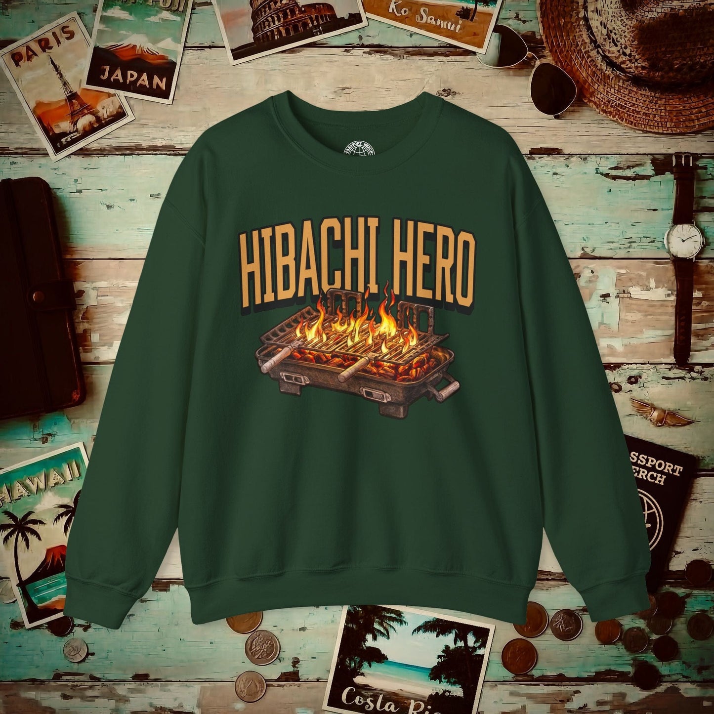 Hibachi Hero, Hawaii Crewneck S / Forest Green