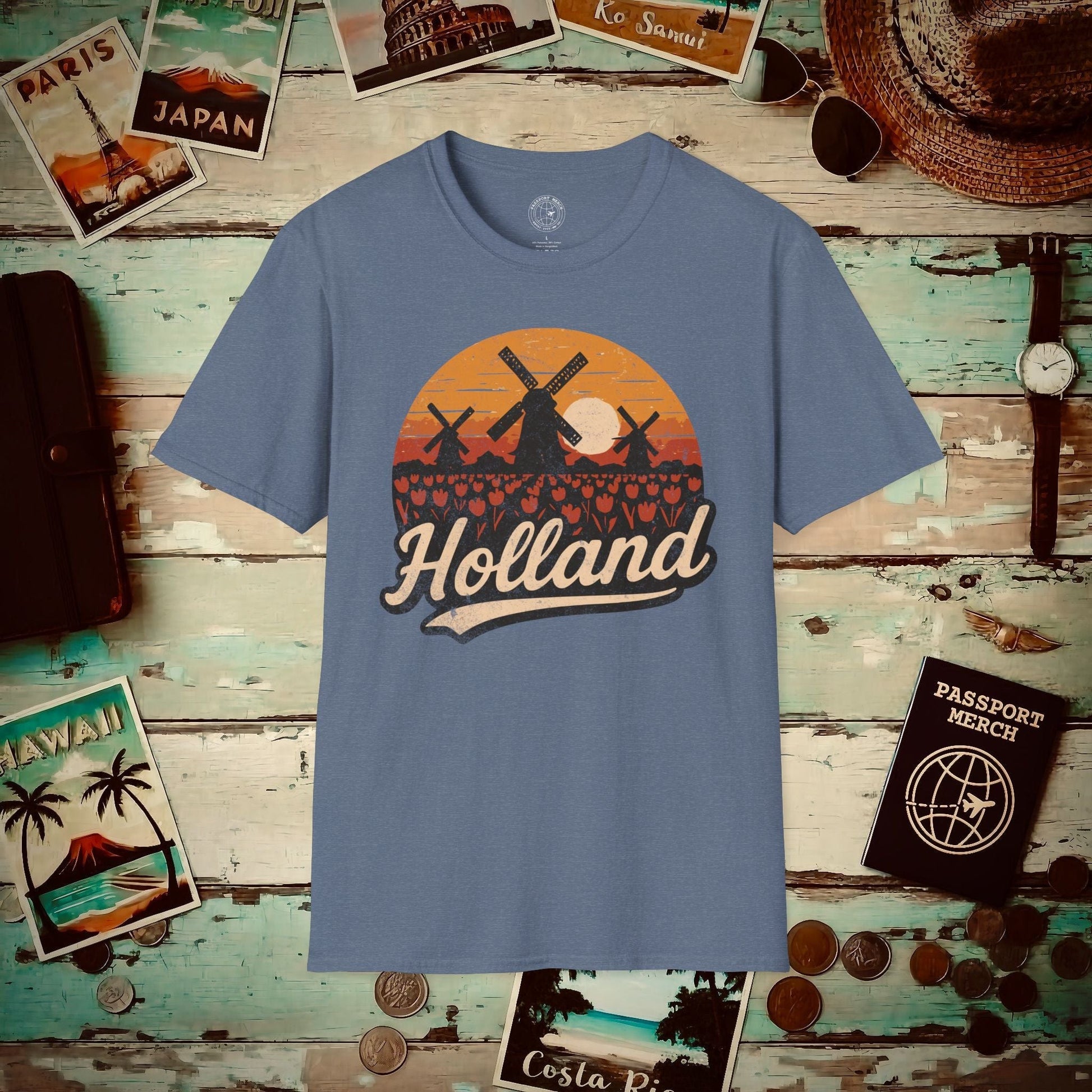 Holland Tulips and Windmills T-Shirt Heather Indigo / S