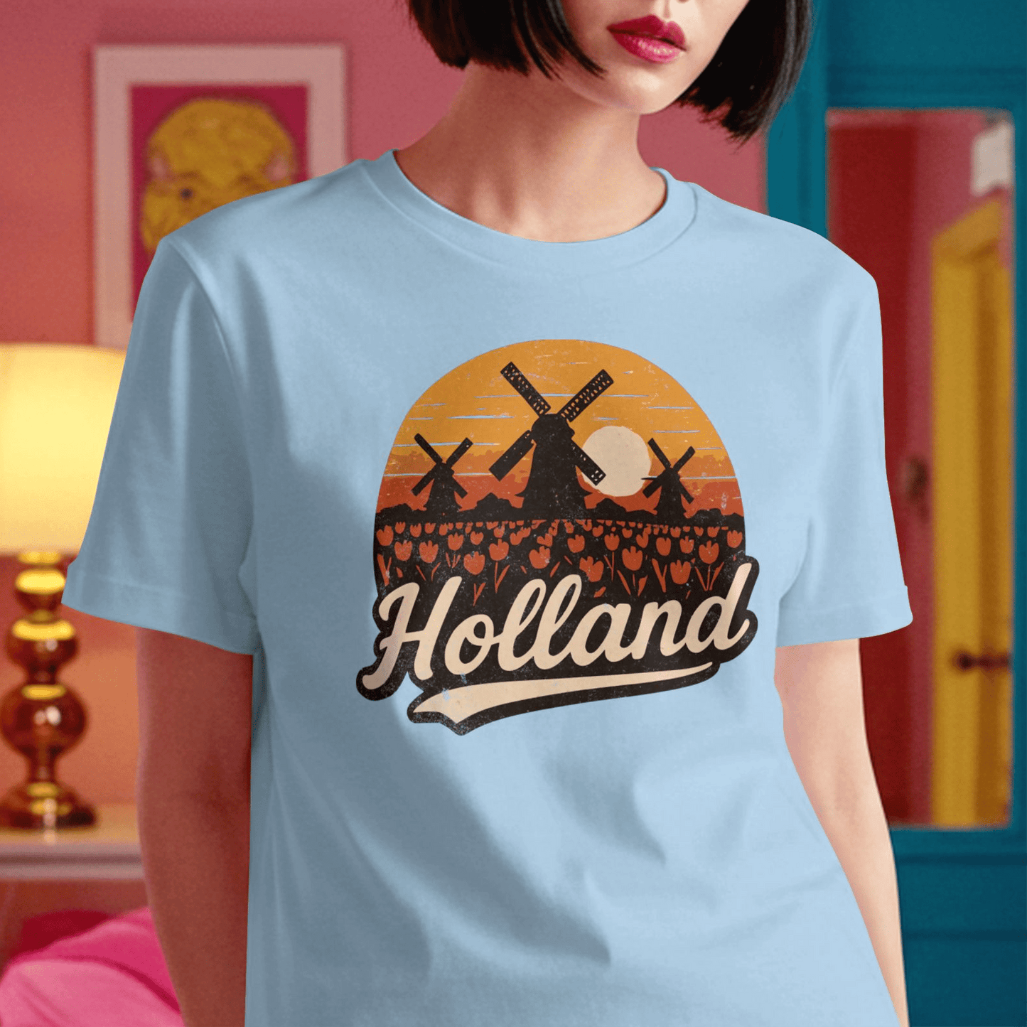 Holland Tulips and Windmills T-Shirt Light Blue / S