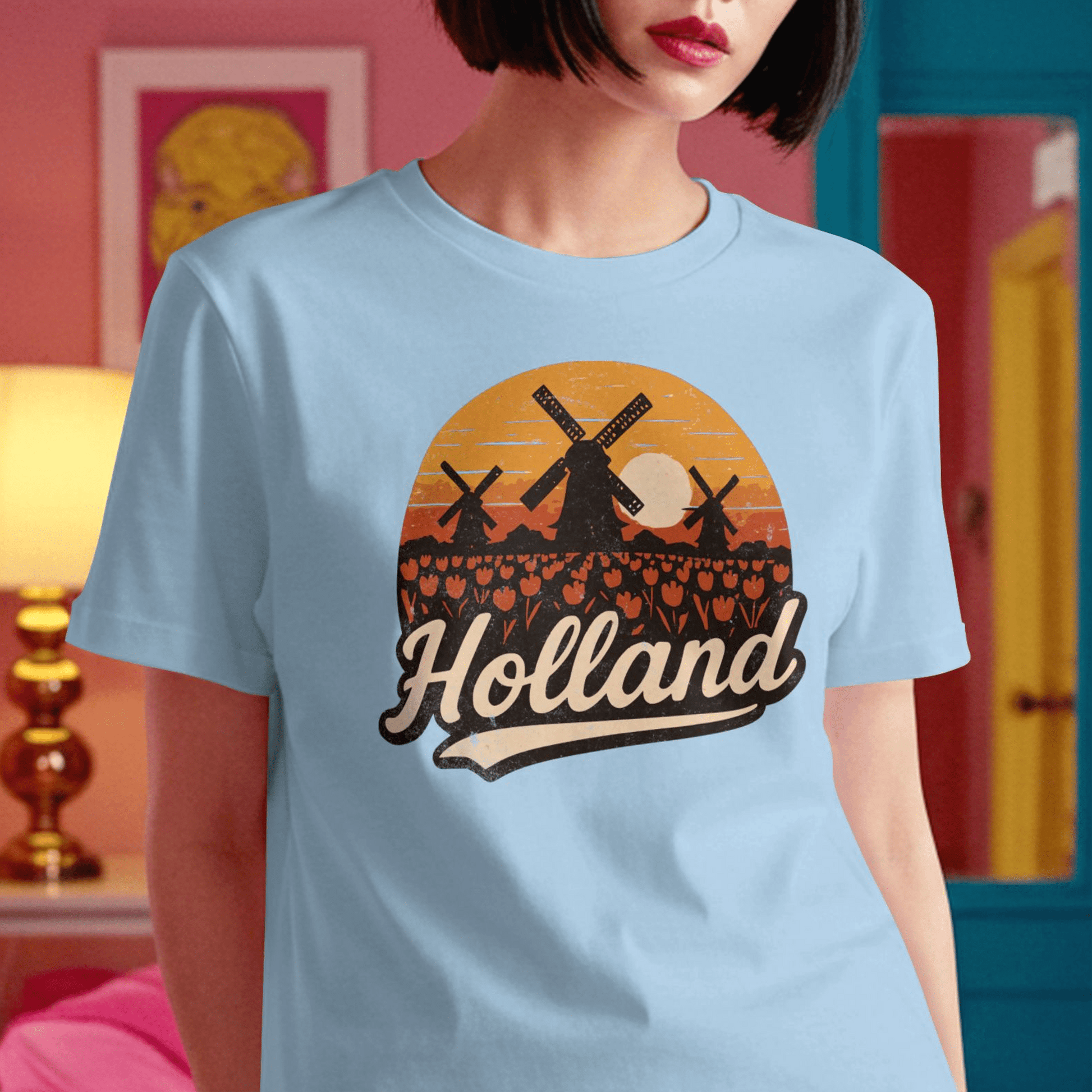 Holland Tulips and Windmills T-Shirt Light Blue / S