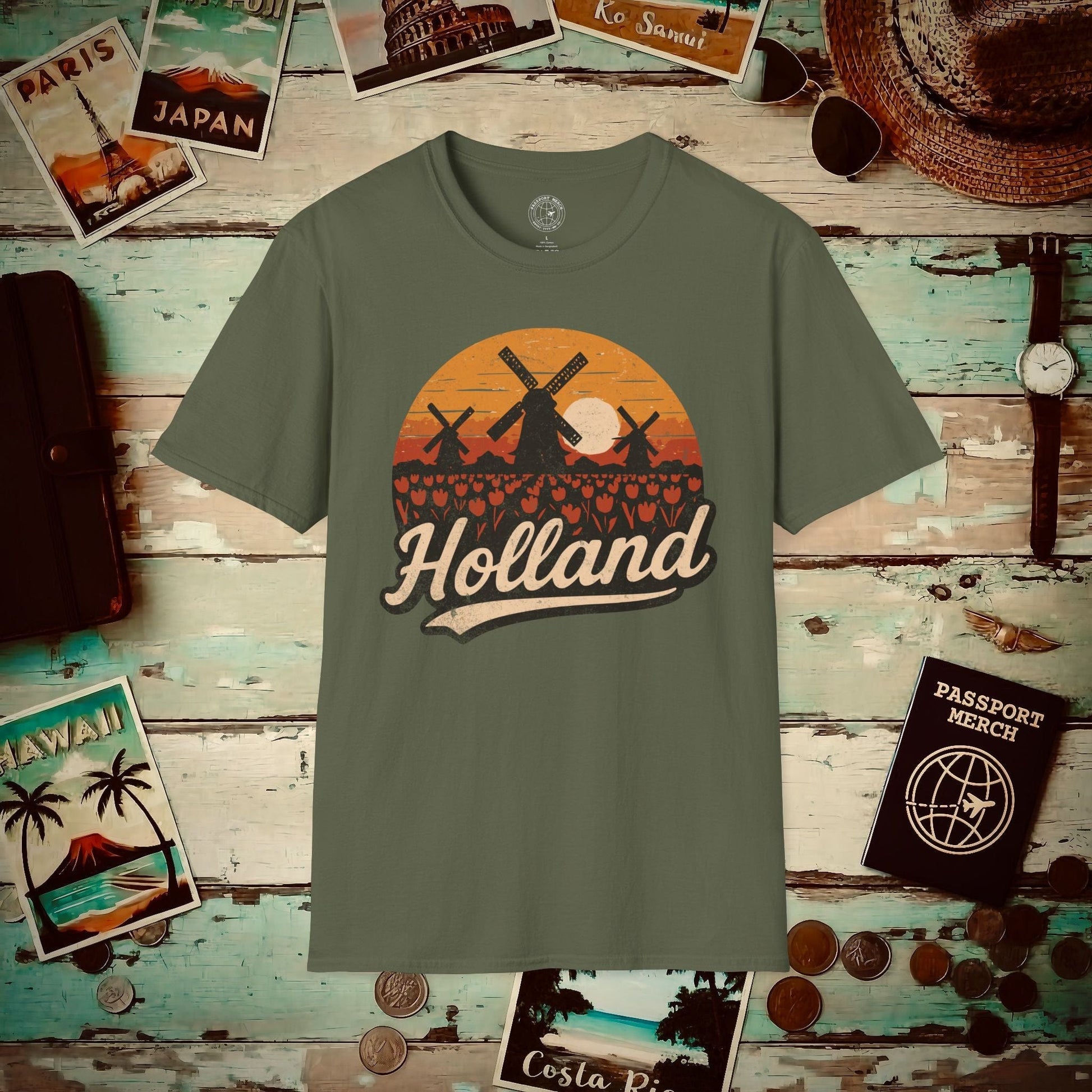 Holland Tulips and Windmills T-Shirt Military Green / S