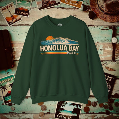 Honolua Bay, Maui, Hawaii - Vibrant Surf Retro Crewneck Forest Green / S