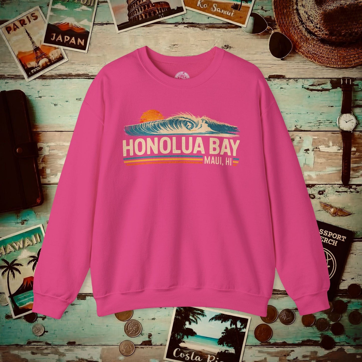 Honolua Bay, Maui, Hawaii - Vibrant Surf Retro Crewneck Heliconia / S