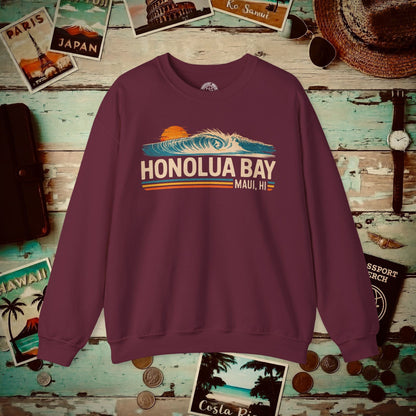 Honolua Bay, Maui, Hawaii - Vibrant Surf Retro Crewneck Maroon / S