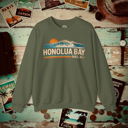 Honolua Bay, Maui, Hawaii - Vibrant Surf Retro Crewneck Military Green / S