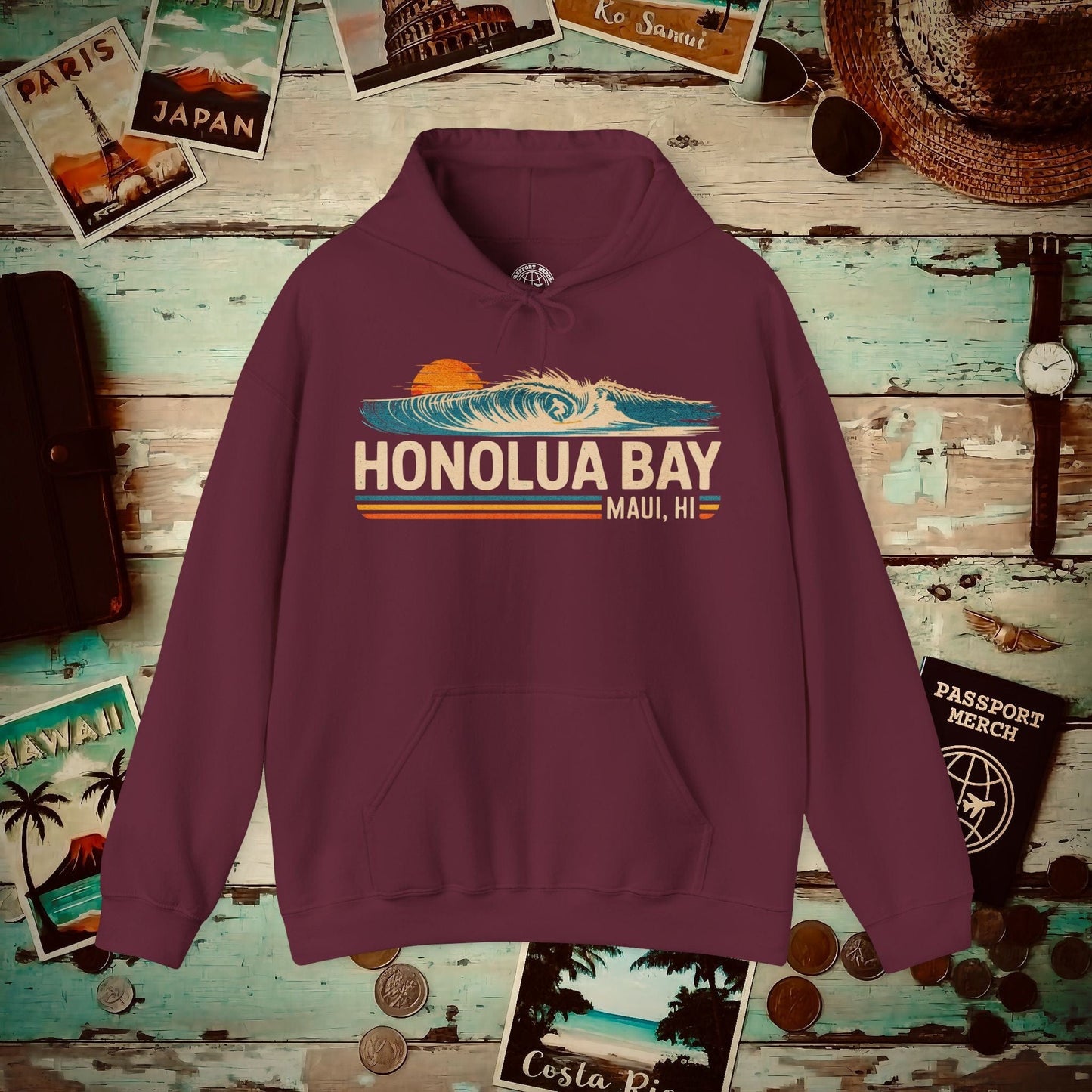 Honolua Bay, Maui, Hawaii - Vibrant Surf Retro Hoodie Maroon / S