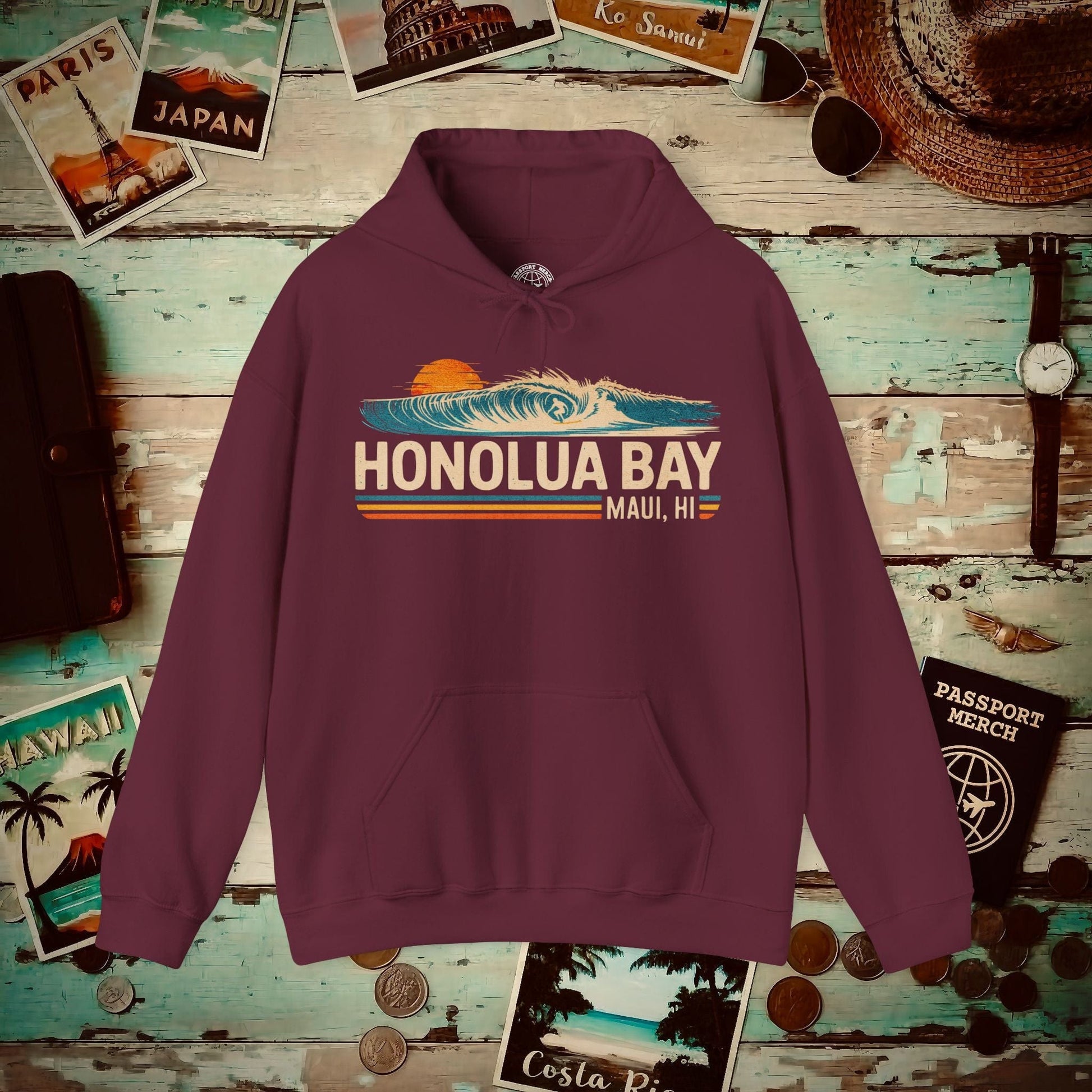 Honolua Bay, Maui, Hawaii - Vibrant Surf Retro Hoodie Maroon / S