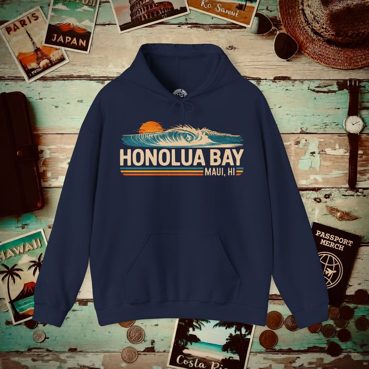 Honolua Bay, Maui, Hawaii - Vibrant Surf Retro Hoodie Navy / S