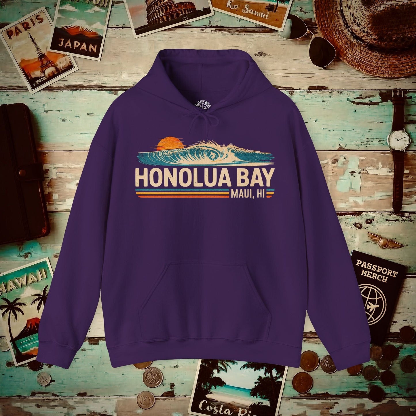 Honolua Bay, Maui, Hawaii - Vibrant Surf Retro Hoodie Purple / S
