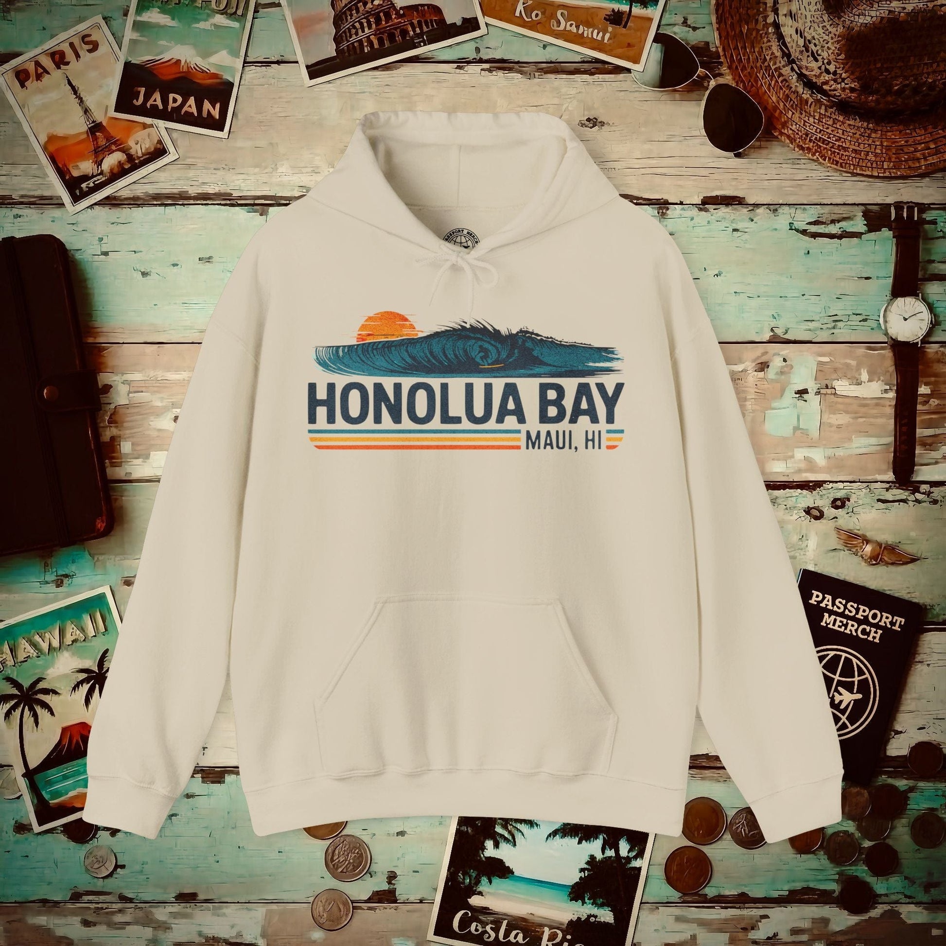 Honolua Bay, Maui, Hawaii - Vibrant Surf Retro Hoodie Sand / S