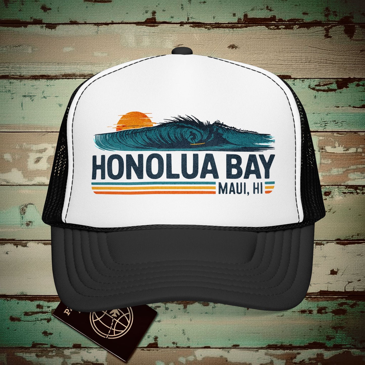 Honolua Bay, Maui, Hawaii - Vibrant Surf Retro Trucker Hat Black/White / One size
