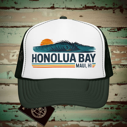 Honolua Bay, Maui, Hawaii - Vibrant Surf Retro Trucker Hat Dark Green / White / Dark Green / One size