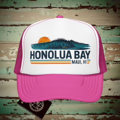 Honolua Bay, Maui, Hawaii - Vibrant Surf Retro Trucker Hat Hot Pink/ White/ Hot Pink / One size