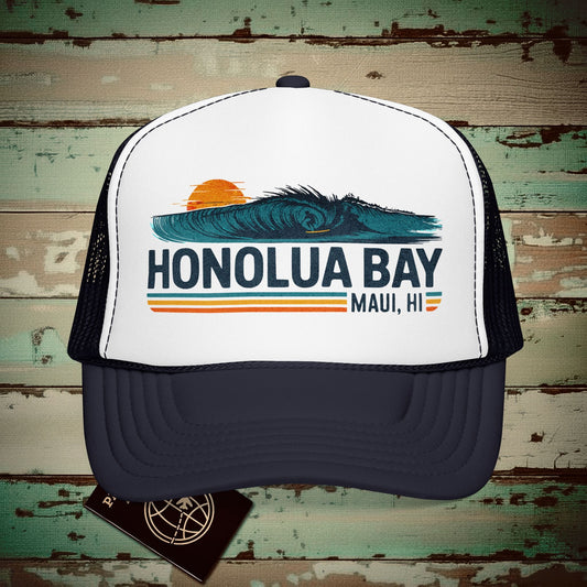 Honolua Bay, Maui, Hawaii - Vibrant Surf Retro Trucker Hat Navy / White / Navy / One size