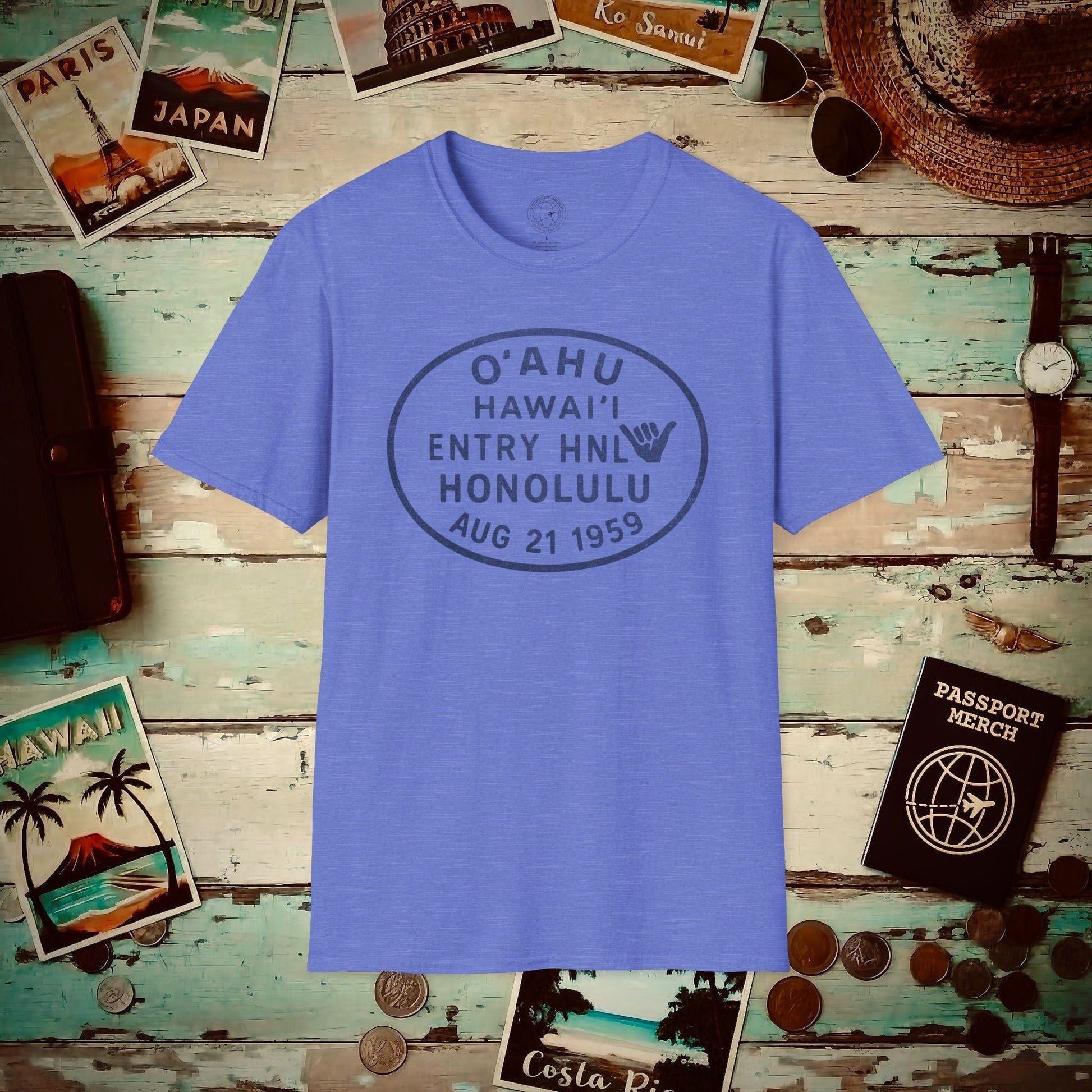 Honolulu, Oahu, Hawaii - Vintage Passport Stamp T-Shirt Heather Royal / S