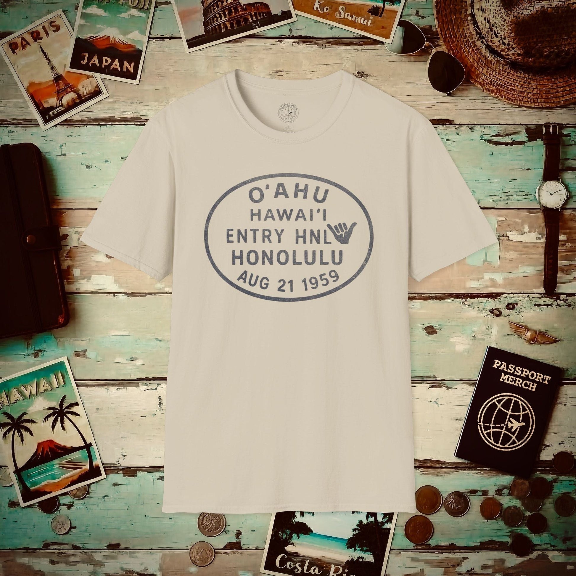 Honolulu, Oahu, Hawaii - Vintage Passport Stamp T-Shirt Sand / S