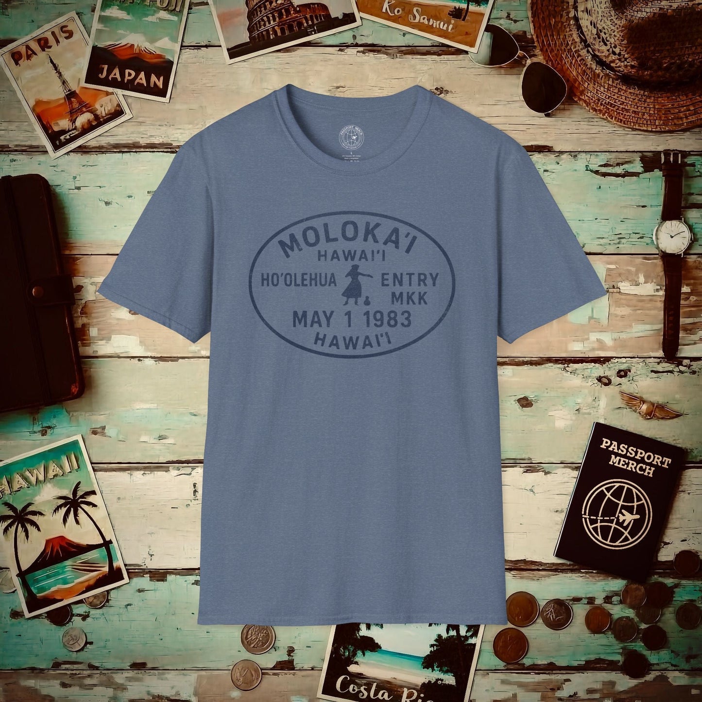 Hoolehua, Molokai, Hawaii - Vintage Passport Stamp T-Shirt Heather Indigo / S