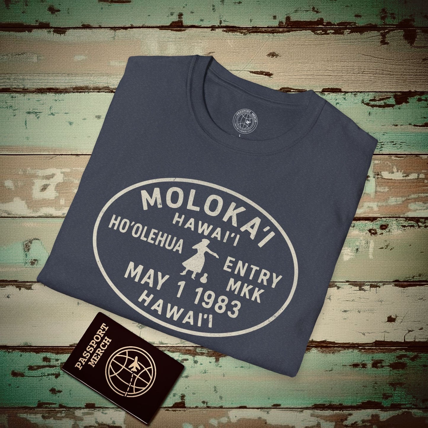 Hoolehua, Molokai, Hawaii - Vintage Passport Stamp T-Shirt Heather Navy / S