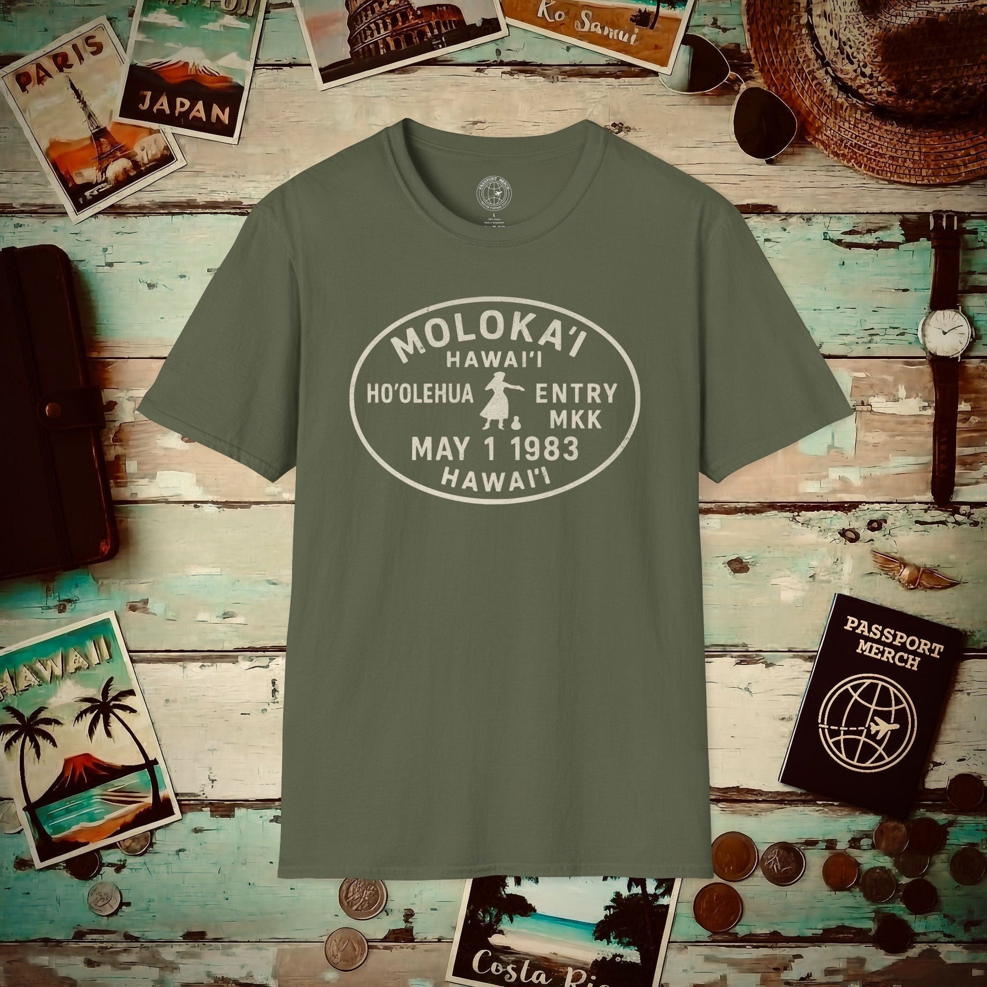 Hoolehua, Molokai, Hawaii - Vintage Passport Stamp T-Shirt Military Green / S