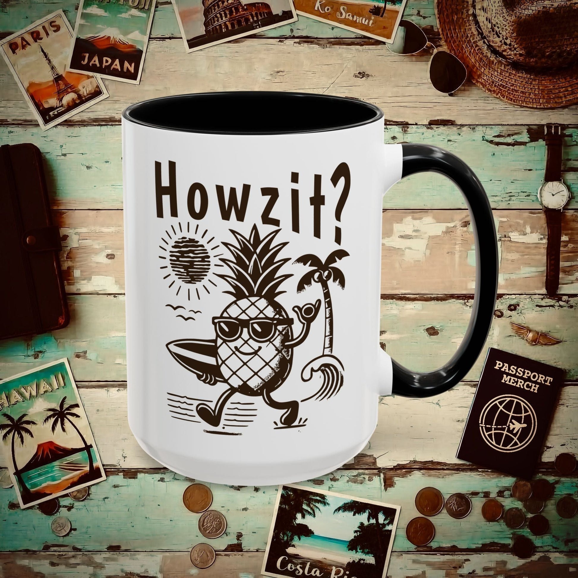 Howzit? Pineapple Shaka, Hawaii 15oz Mug Black / 15oz