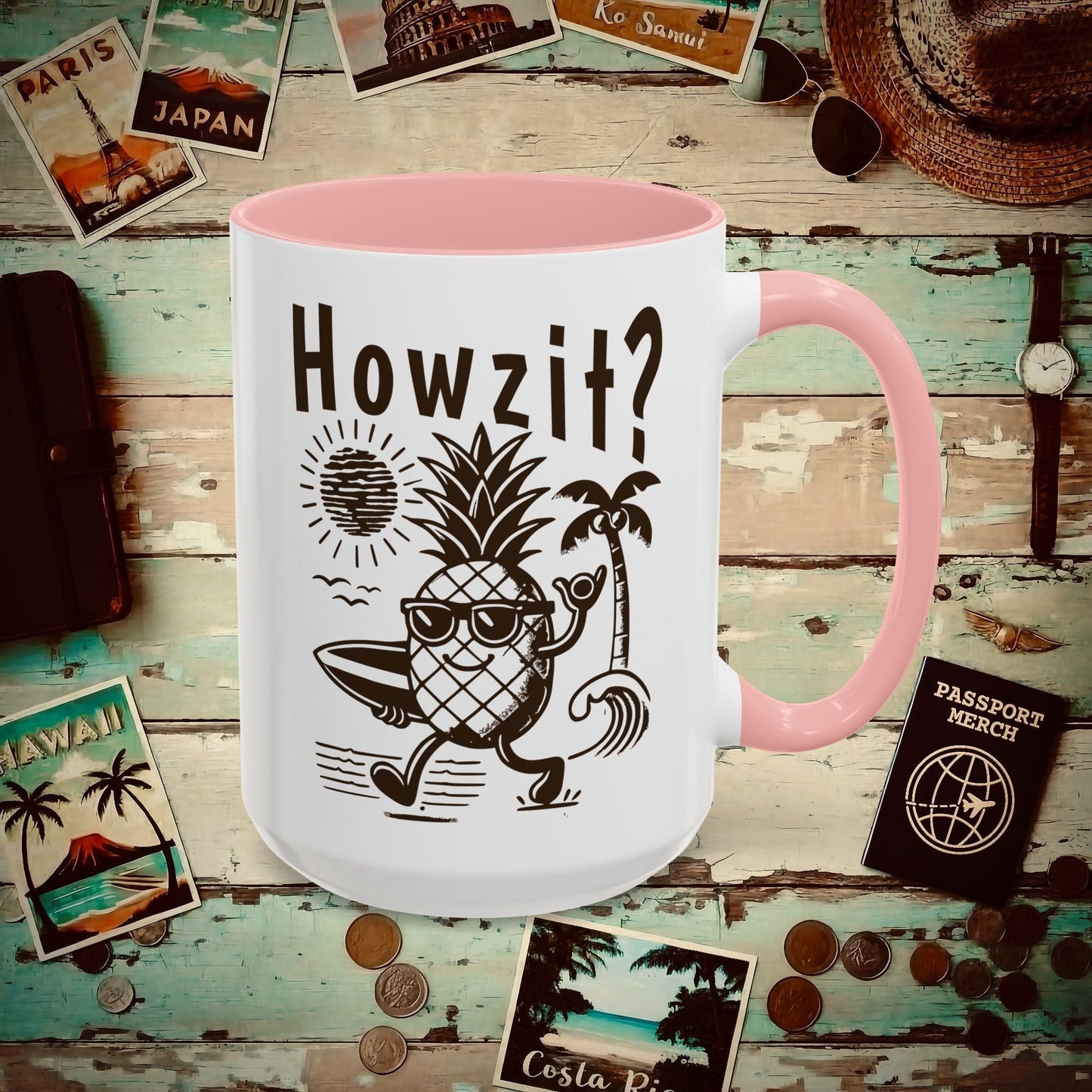 Howzit? Pineapple Shaka, Hawaii 15oz Mug Pink / 15oz